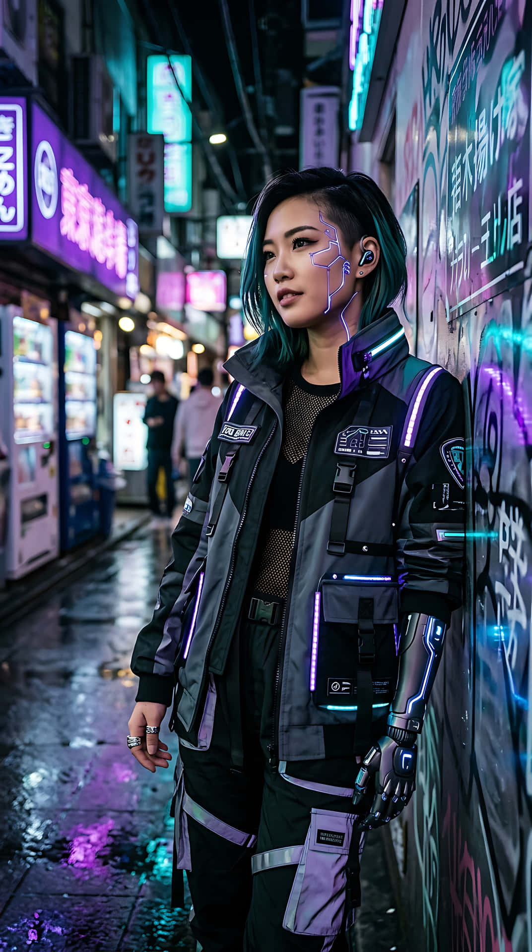 一位身穿發光賽博龐克裝備的女性靠在霓虹燈照亮的牆上，身處下雨的東京小巷。
