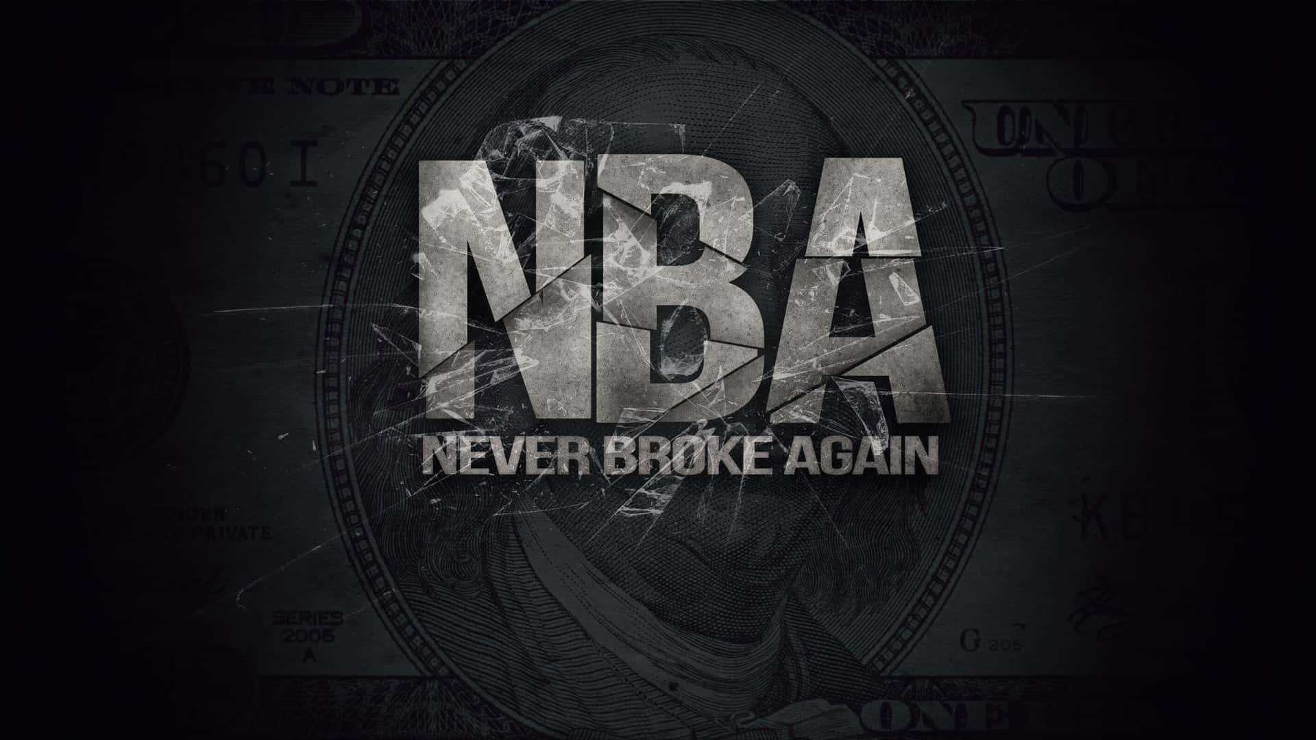 NBA標誌，帶有「Never Broke Again」文字，疊加在破裂美元鈔票背景上。