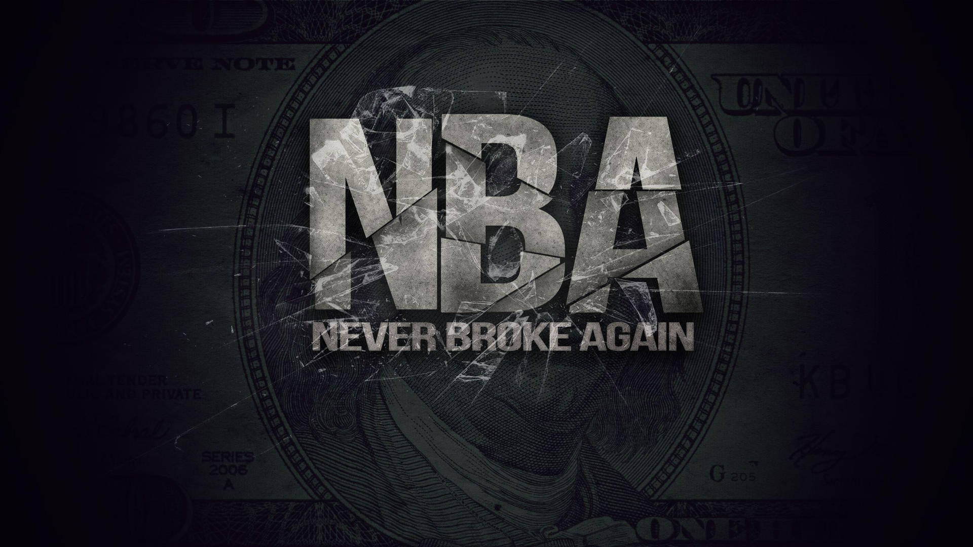NBA標誌，帶有「Never Broke Again」文字，置於裂開的美元鈔票背景上。