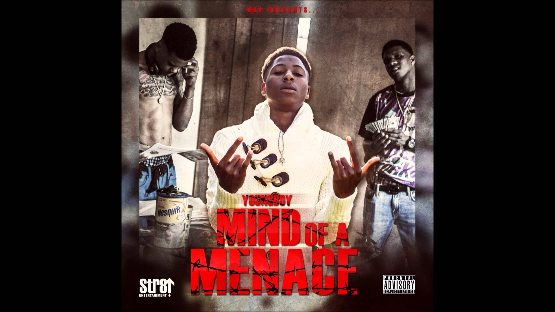 YoungBoy Never Broke Again 的專輯《Mind of a Menace》封面， featuring 三名男子在城市環境中。