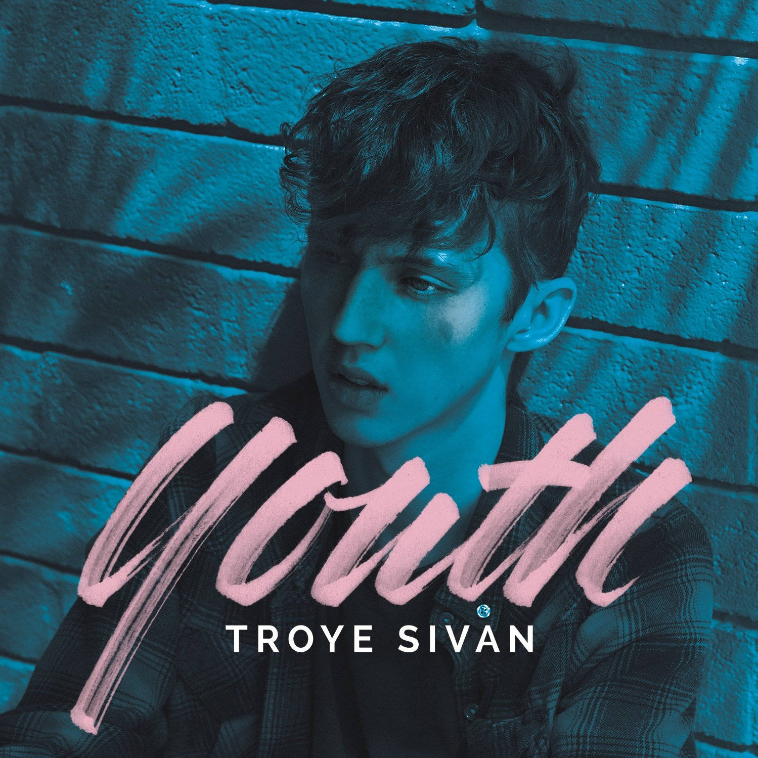 特洛伊·西文《Youth》專輯封面 壁紙 — 一個頭髮蓬鬆的年輕男子靠在一面有紋理的磚牆上，牆上沐浴著冷藍色的光，並帶有粉紅色文字覆蓋。