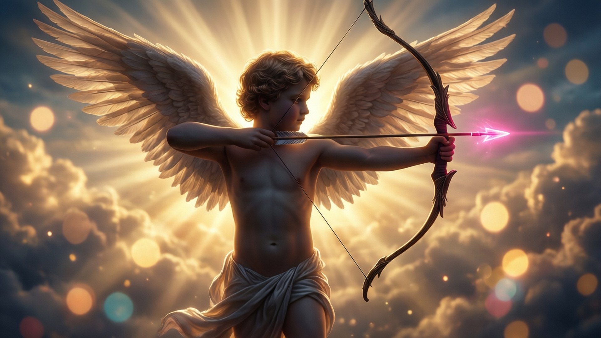Cupid 桌布 壁紙 — 一位年輕的天使，金色翅膀，在散景燈光下，對著燦爛的日落天空拉開發光的粉紅色弓。