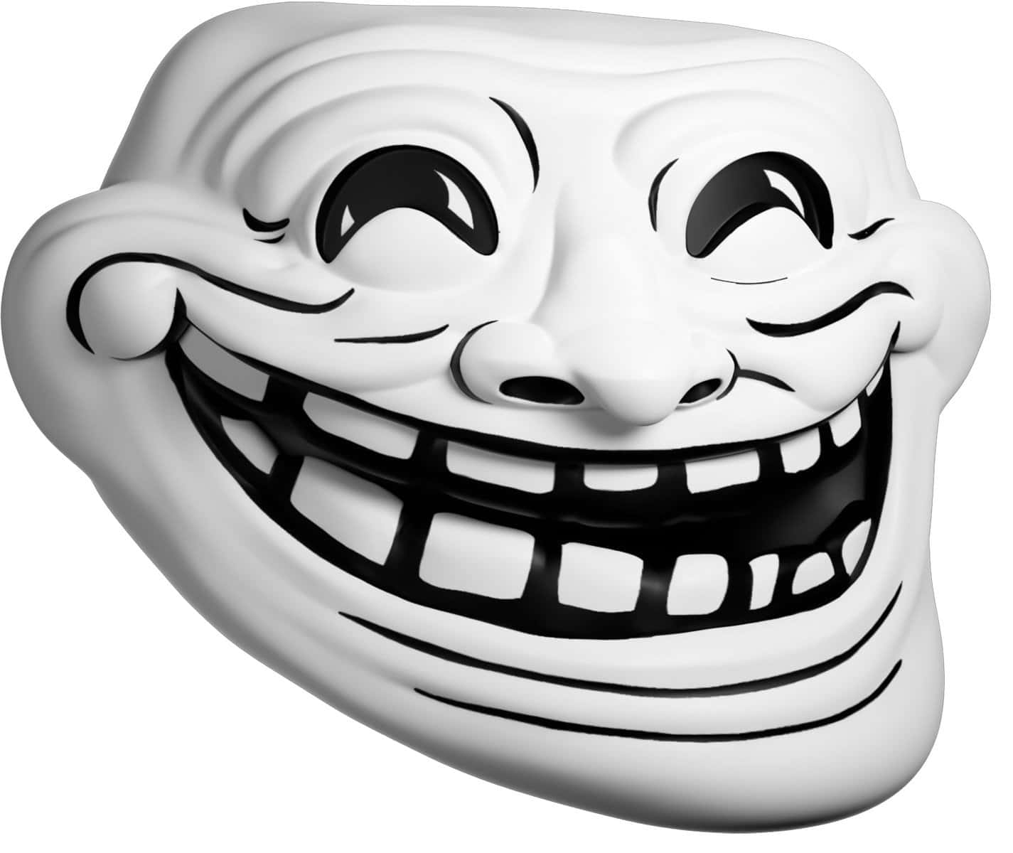 一個白色3D巨魔面具，帶有寬闊的笑容和瞇起的眼睛。