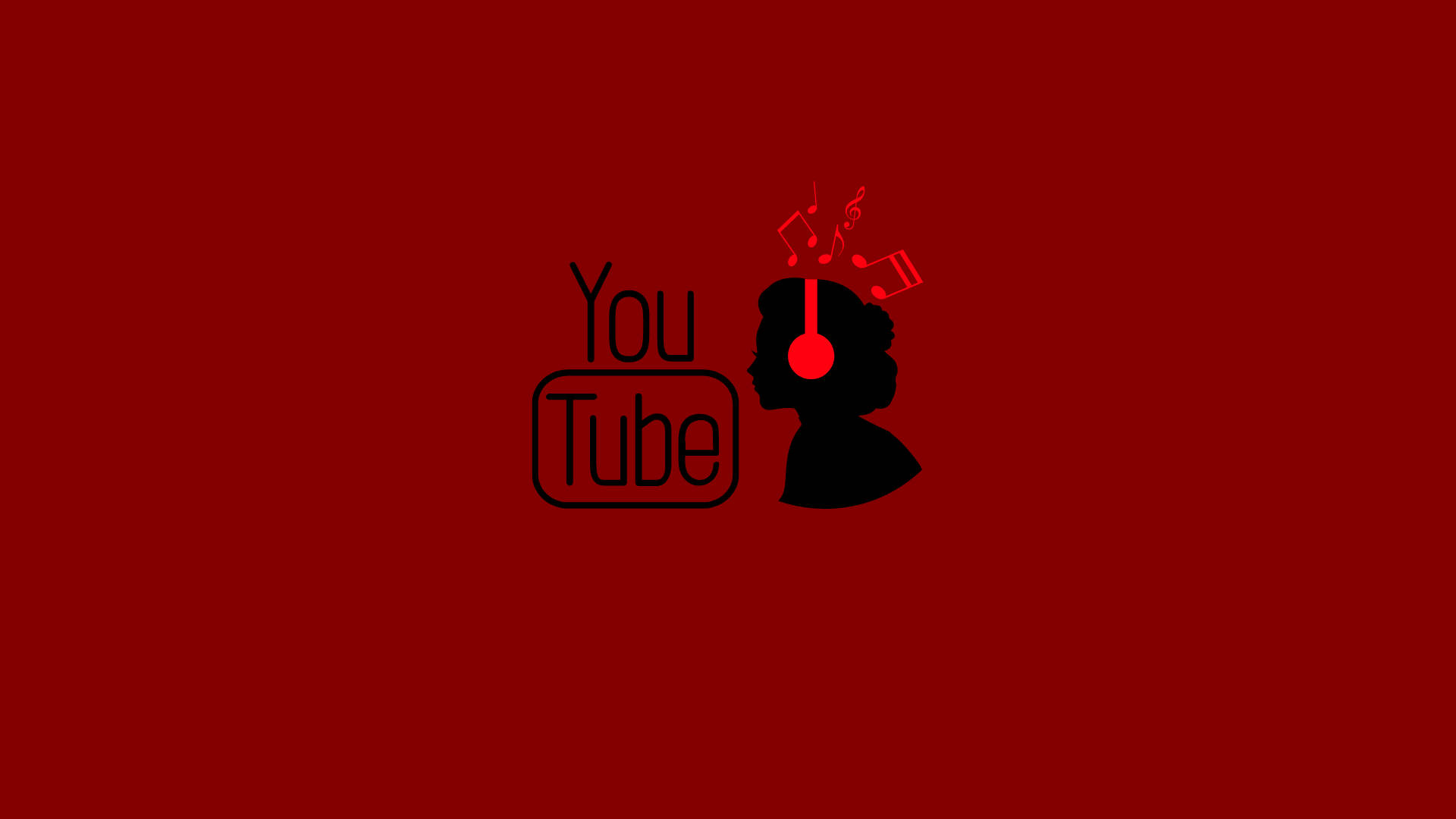 YouTube標誌與聽音樂的人影 壁紙 — 一個戴著耳機的人的黑色剪影，音符漂浮在上方，背景為純紅色，帶有 YouTube 標誌。