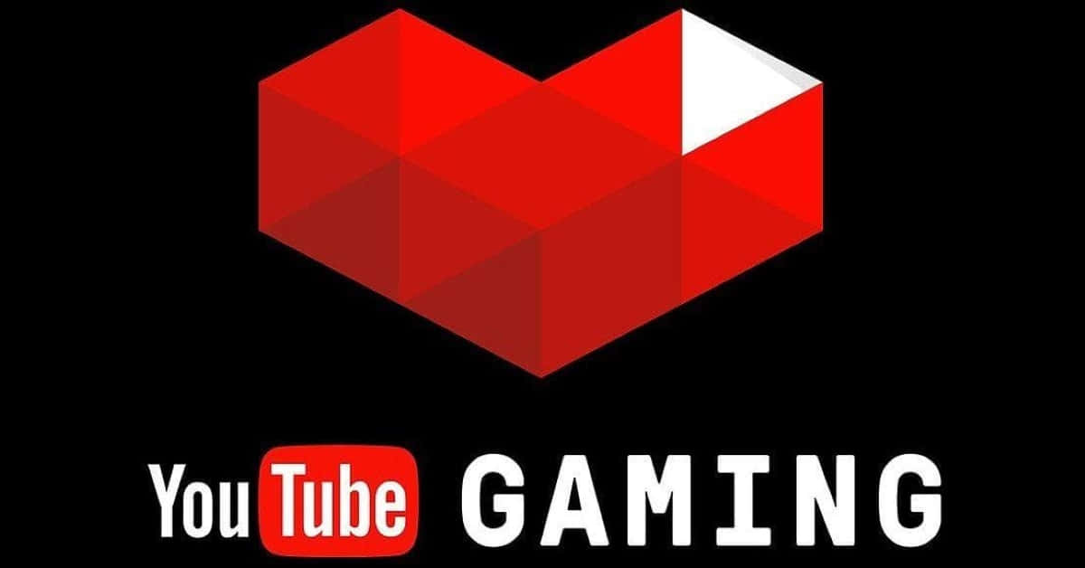 YouTube Gaming標誌 壁紙 — 一個大膽的紅色幾何心形標誌漂浮在黑色背景上的 YouTube Gaming 文字上方。