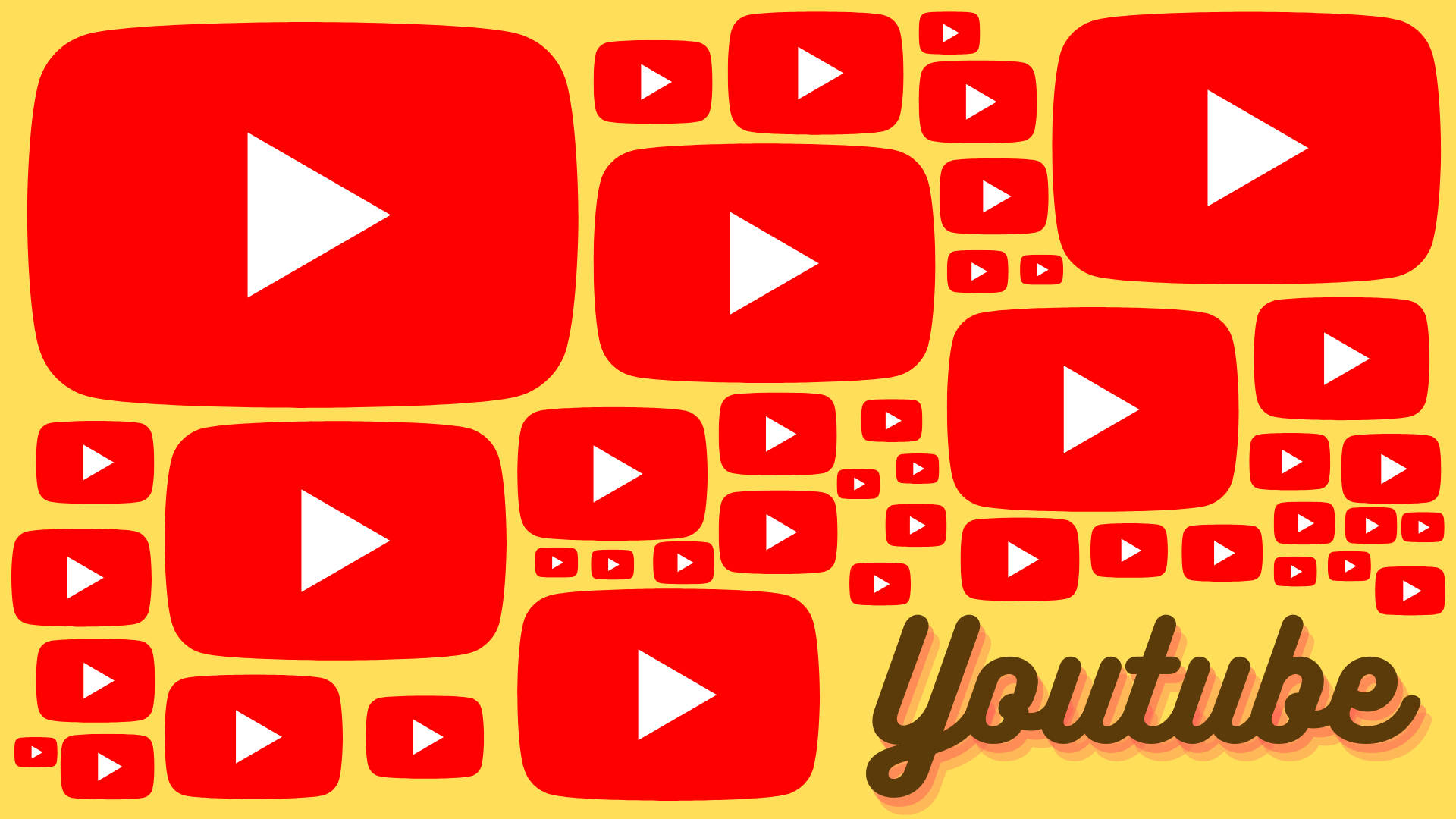 YouTube 標誌不同尺寸 壁紙 — 充滿活力的黃色背景，上面有各種尺寸的紅色 YouTube 播放按鈕和棕色字體的 YouTube 標誌。