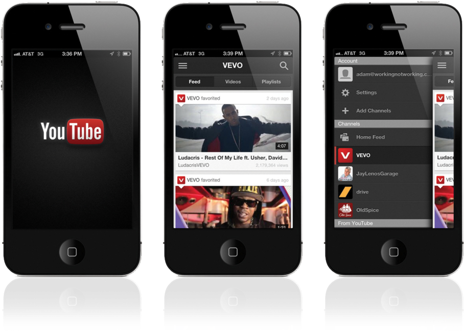 YouTube 應用程式 iPhone 界面 壁紙 — 三部黑色智能手機在深色背景上顯示 YouTube 和 VEVO 應用程式介面，包含影片縮圖和帳戶設定。