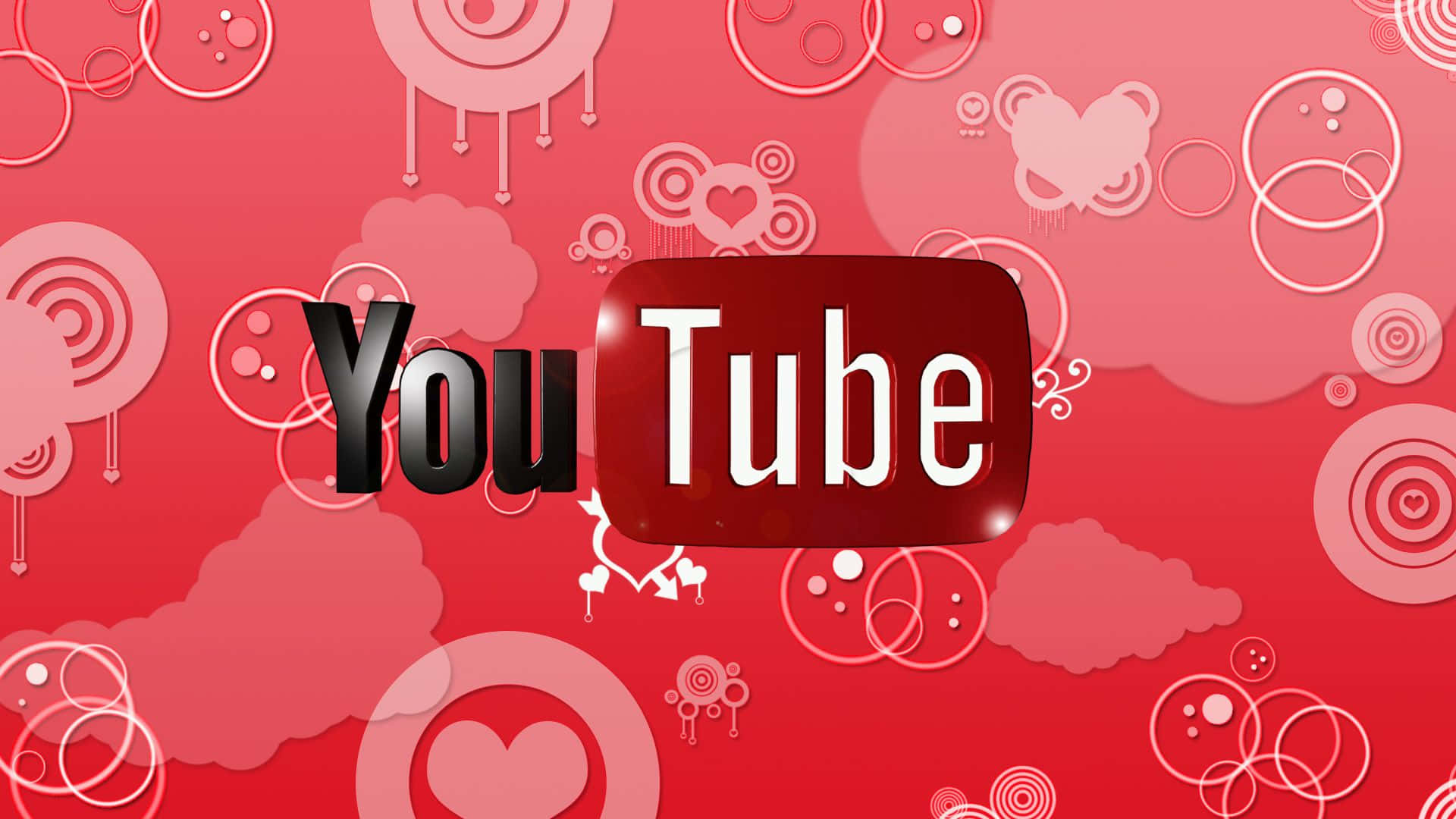 高解析度YouTube標誌於黑色背景 壁紙 — YouTube 標誌居中於鮮豔的紅色背景上，帶有俏皮的白色漩渦、心形和雲朵。