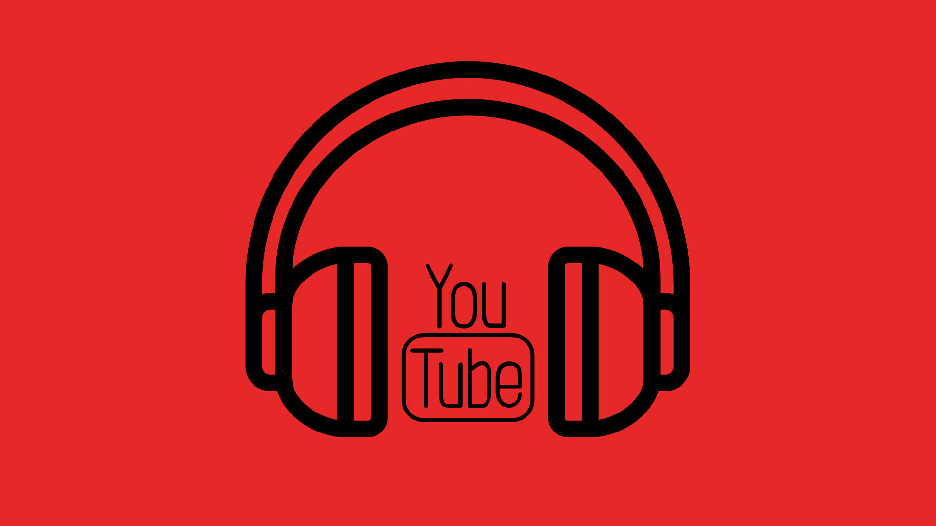 YouTube標誌位於耳機耳墊之間 壁紙 — 鮮豔紅色背景上，中央帶有YouTube標誌的醒目黑色耳機圖示。