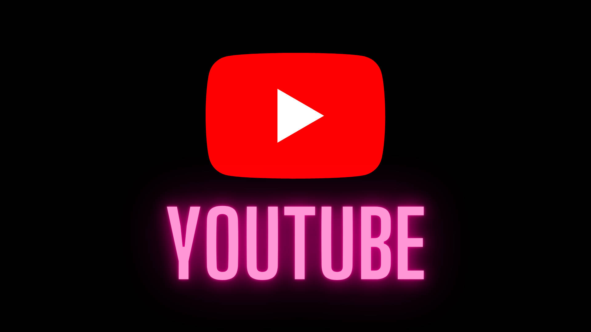 YouTube標誌與名稱以霓虹燈風格呈現 壁紙 — 黑色背景上帶有紅色播放按鈕的發光粉紅色YouTube標誌。