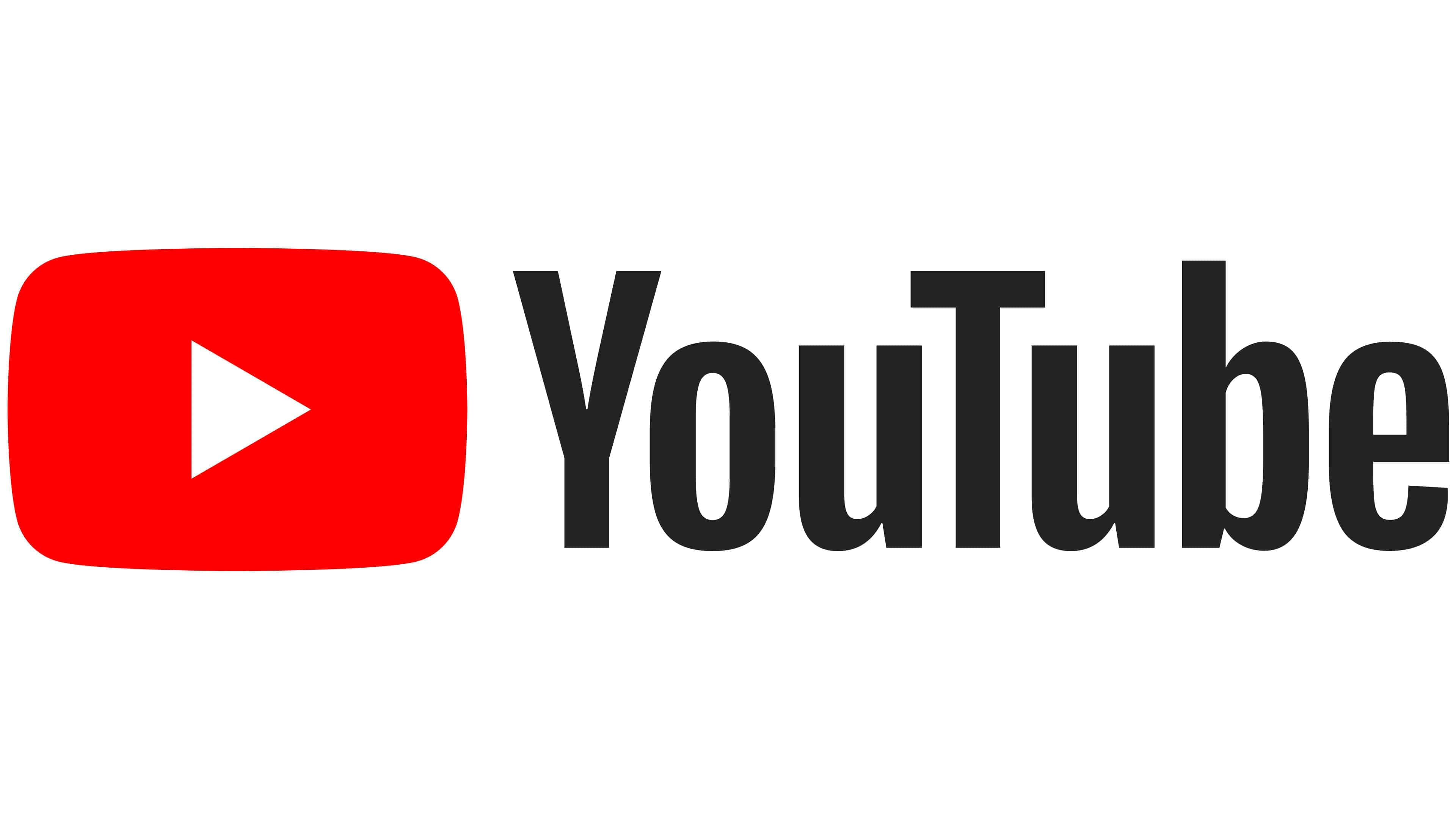 YouTube Logo 桌布 壁紙 — YouTube 標誌，白色背景上有一個紅色播放按鈕圖標，旁邊是黑色無襯線字體的 YouTube 字樣。