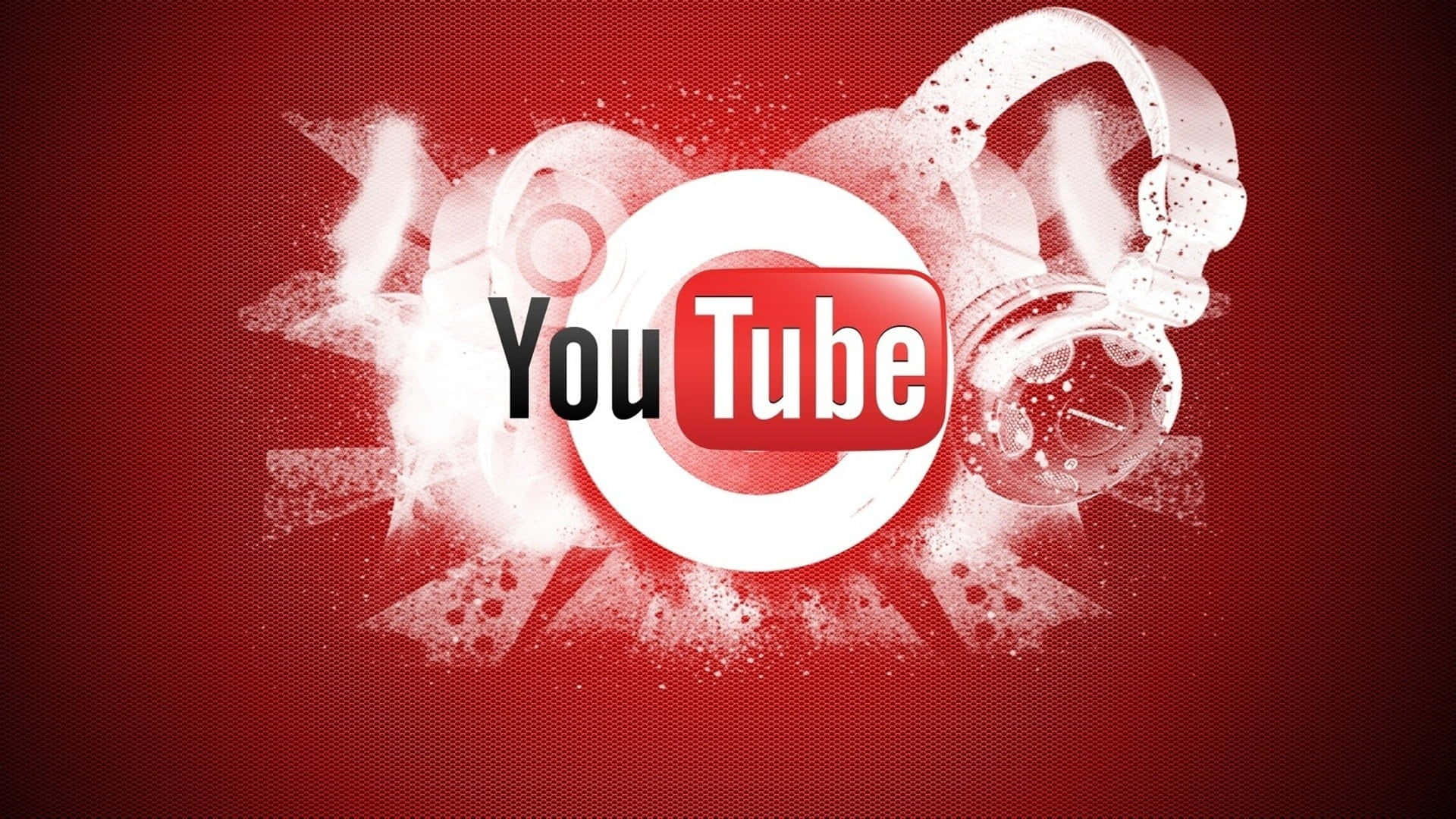 Video Hosting 桌布 壁紙 — YouTube 標誌居中，帶有白色耳機和飛濺效果，背景為紋理紅色。