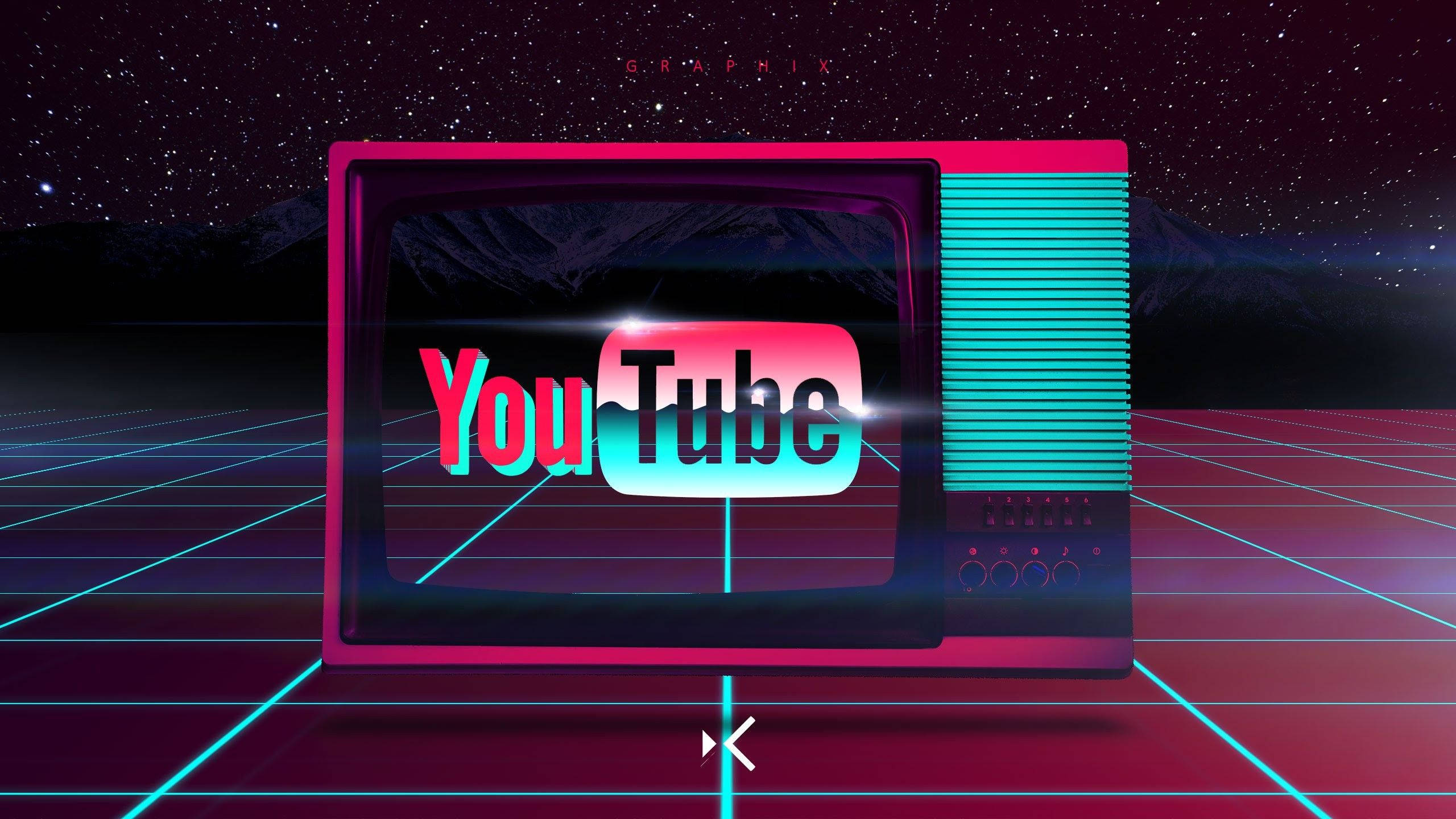 YouTube 標誌蒸汽波風格電視牆紙 壁紙 — 一部復古電視在星空夜空和霓虹網格線的背景下顯示YouTube標誌。