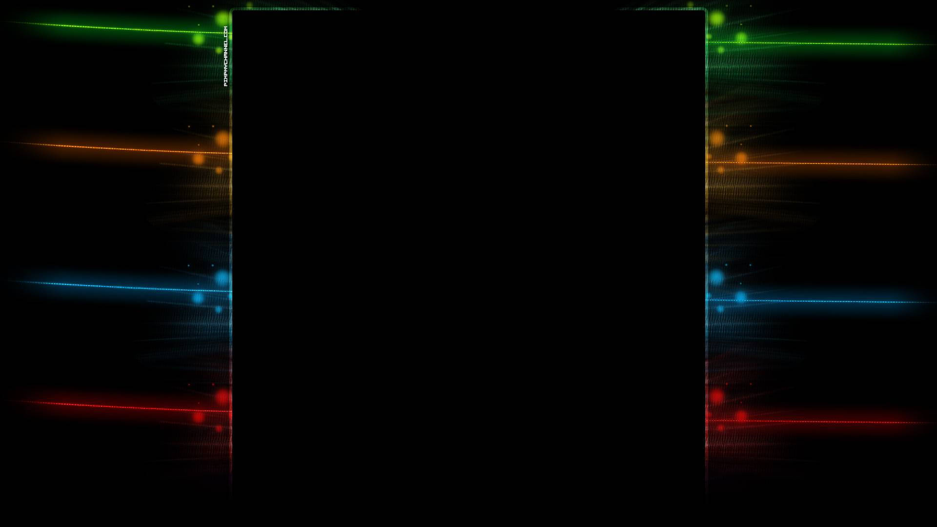 YouTube 標題圖 RGB 邊框 壁紙 — 充滿活力的霓虹光條紋，以綠色、橙色、藍色和紅色在黑色虛空中脈動，帶有發光粒子。