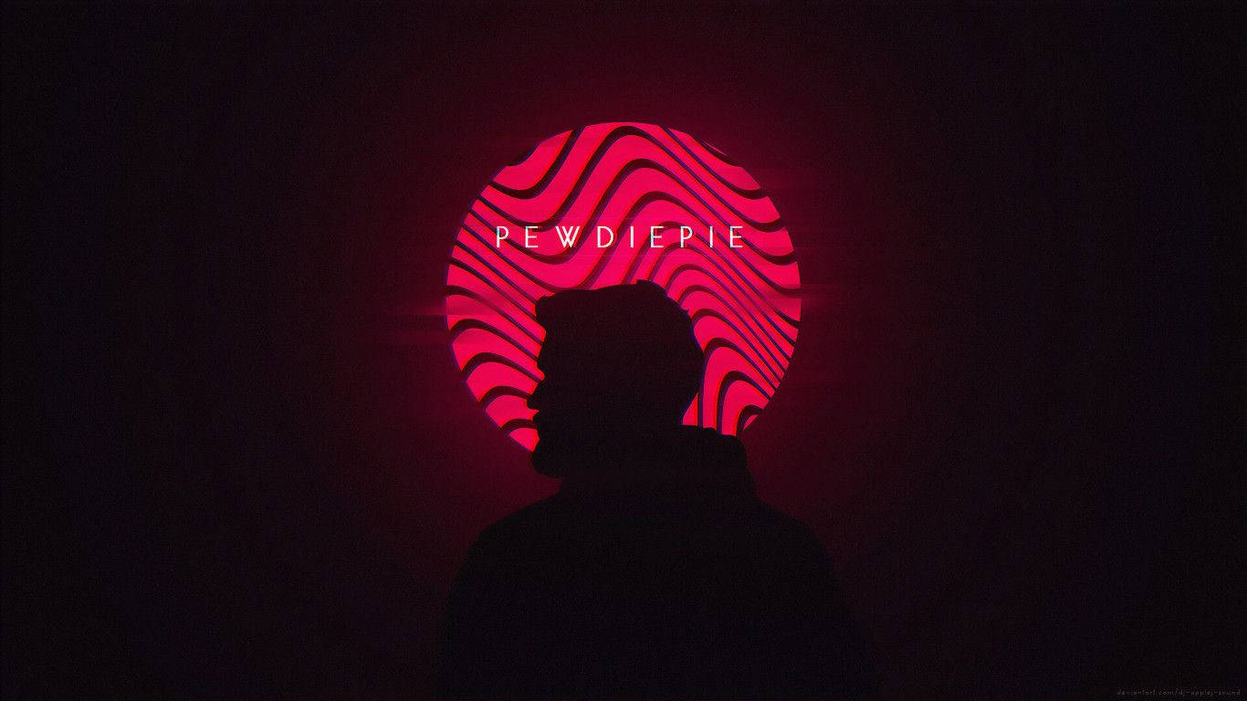 YouTuber PewDiePie 的剪影 壁紙 — 一個男人面對發光粉紅色圓形圖案，帶有波浪線和文字 PEWDIEPIE 的剪影。