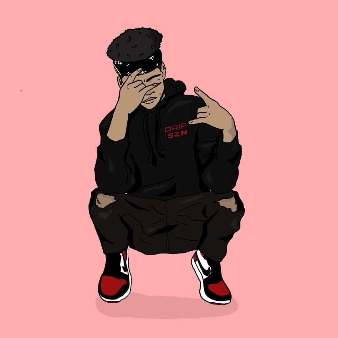 YouTuber Prettyboyfredo 矢量藝術圖 壁紙 — 一個風格化的卡通人物，身穿黑色連帽衫和紅色運動鞋，蹲在純粉色背景前，一隻手遮住一隻眼睛，另一隻手做手勢。