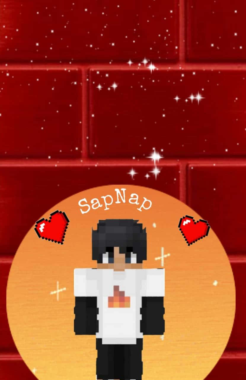 像素化Minecraft頭像，黑色頭髮和白色襯衫，在帶有心形和閃光的發光圓圈中。
