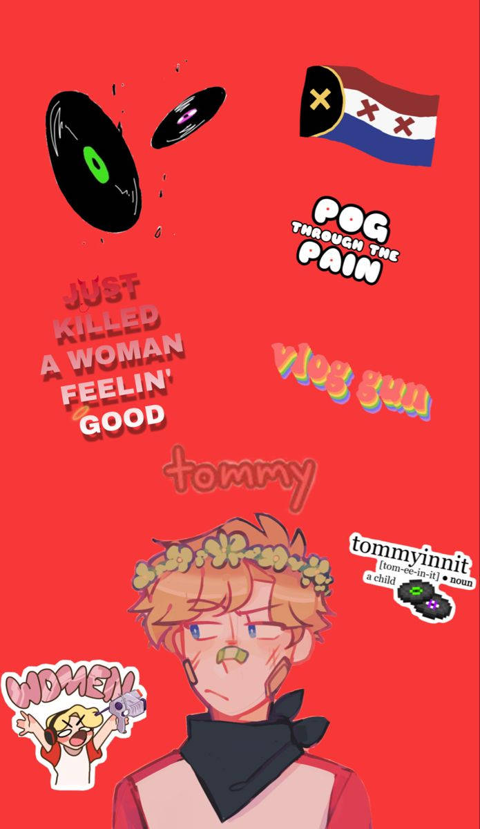 YouTuber Tommyinnit 粉絲藝術 壁紙 — 一個卡通角色戴著花冠和黑色頭巾，被流行文化貼紙包圍在明亮的紅色背景上。