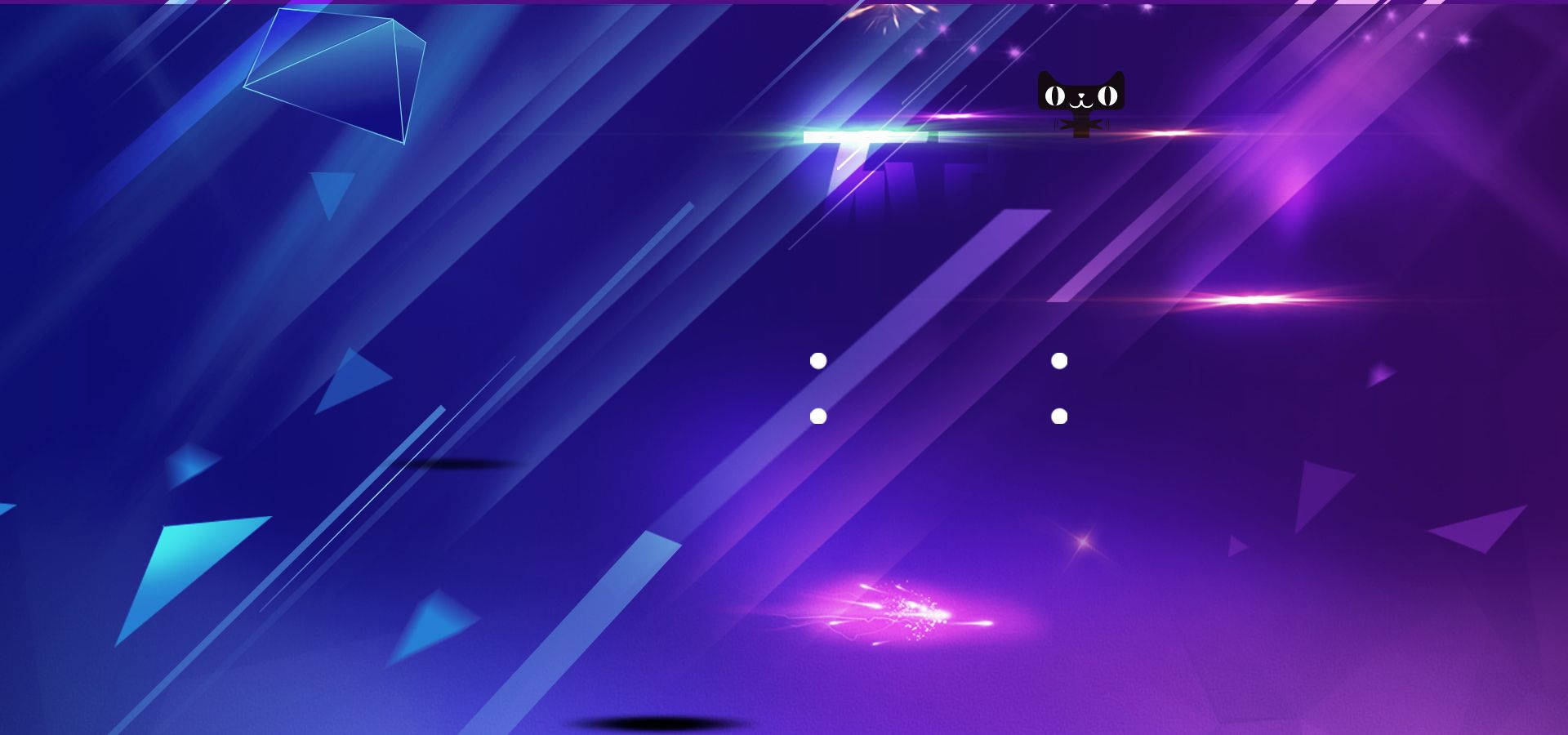 YouTube封面抽象星系 壁紙 — 一個未來風格的數碼遊戲場景，帶有發光的紫色和藍色幾何形狀，以及一個小黑貓頭像。