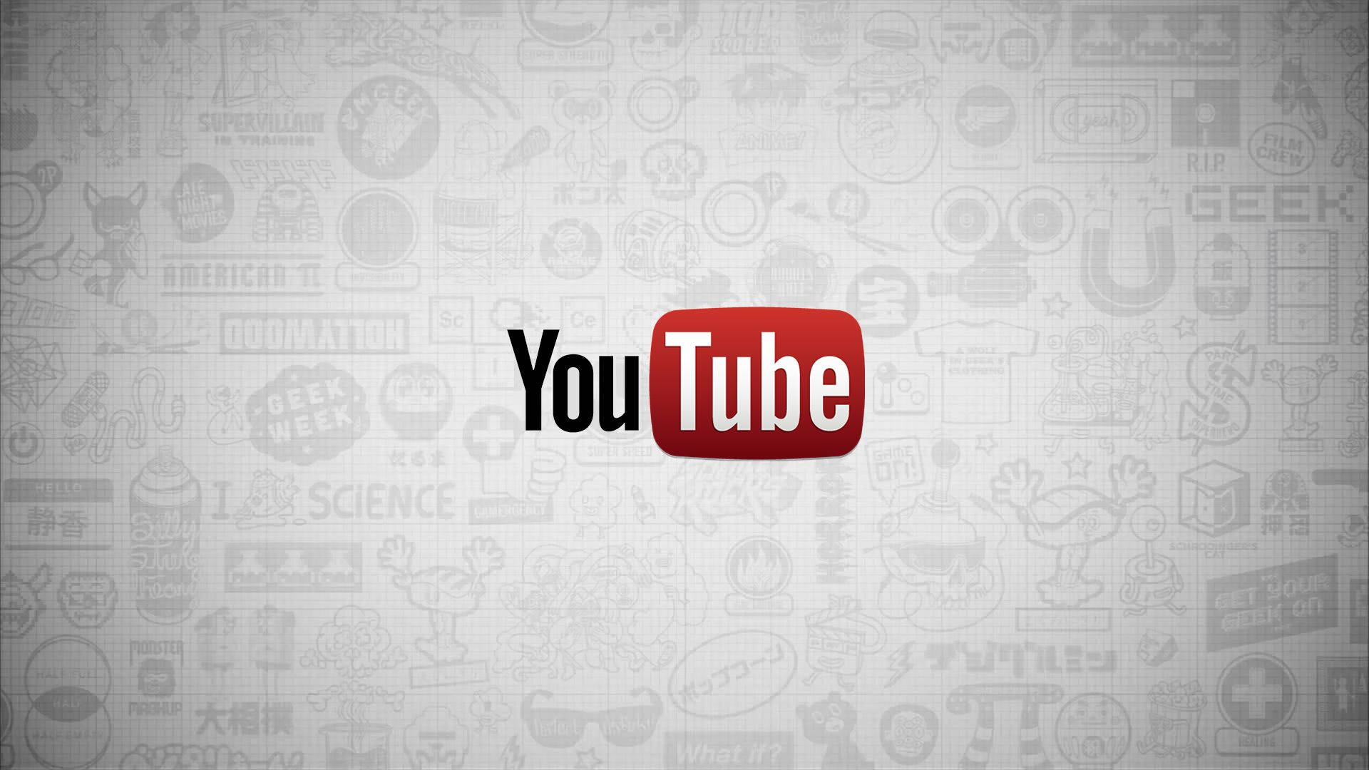 YouTube標誌於可愛白色塗鴉背景 壁紙 — YouTube 標誌居中於淺灰色背景上，背景充滿微弱的極客文化塗鴉和圖標。