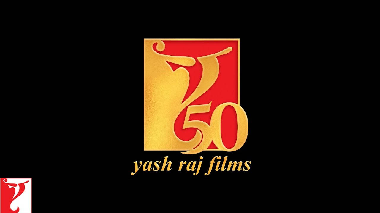 YRF慶祝電影業50年卓越成就 壁紙 — 金色Yash Raj Films 50週年紀念標誌，紅色背景上帶有風格化舞者，襯以黑色。