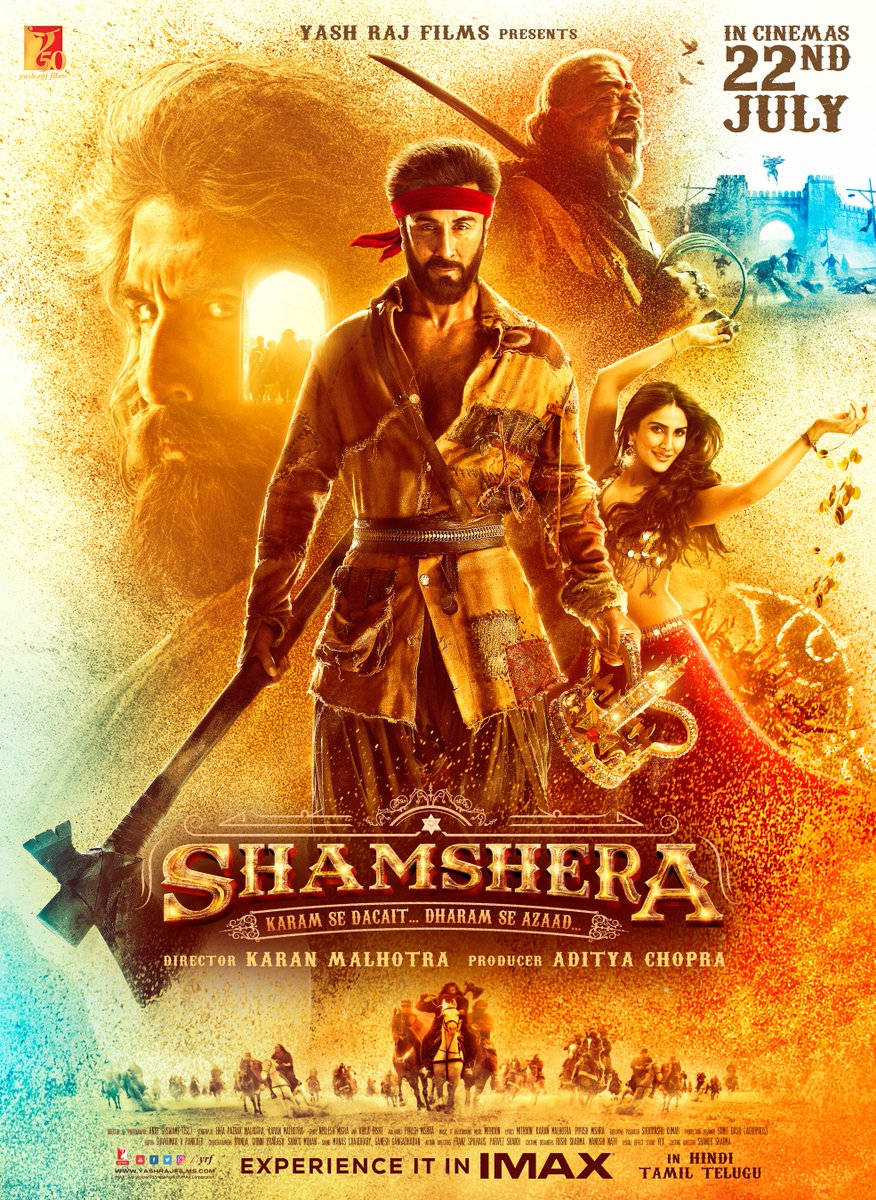 《Shamsher》電影海報，展示手持斧頭和劍的戰士、跳舞女子和幽靈面孔。
