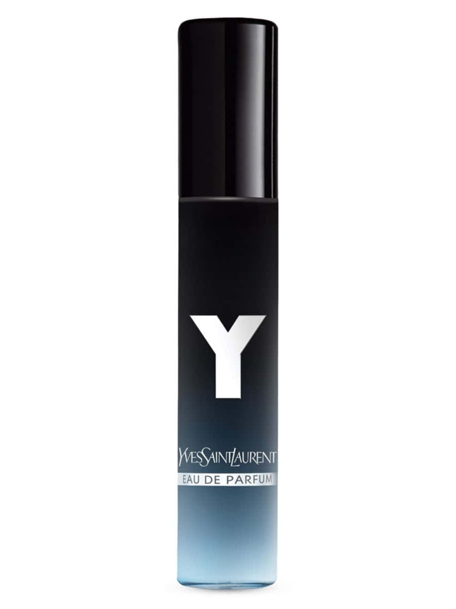 YSL產品盡顯其美 壁紙 — 一個時尚的黑色和藍色漸變 Yves Saint Laurent Y Eau de Parfum 香水瓶，採用極簡設計，背景為白色。
