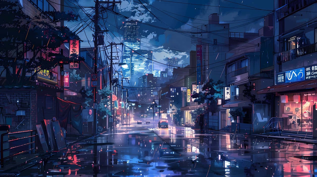  壁紙 — 雨濕的霓虹燈城市街道在夜晚映照著發光的招牌和遠處的摩天大樓，天空陰沉。