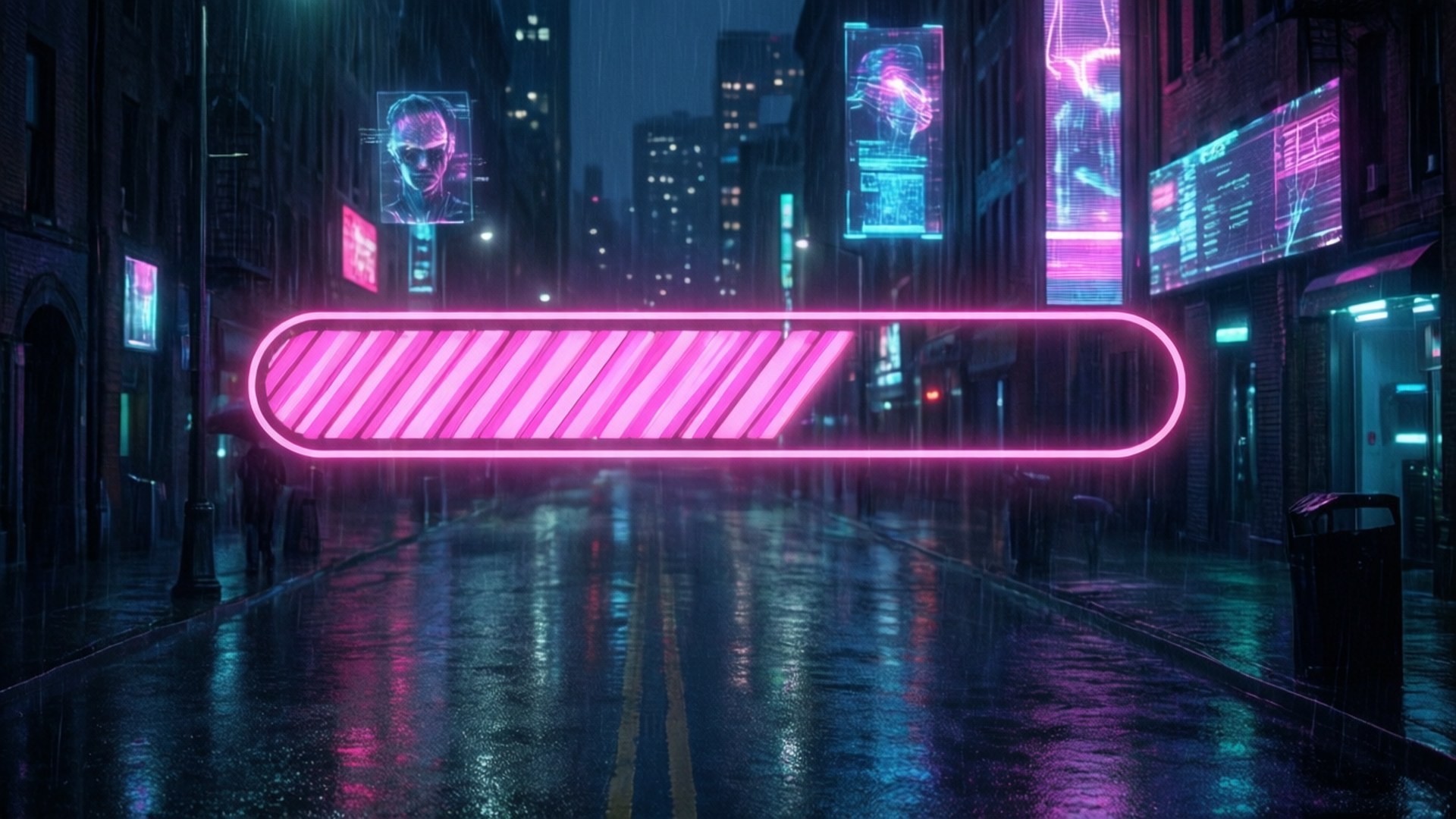 未來主義的城市夜景街道，帶有霓虹燈和雨水倒影。