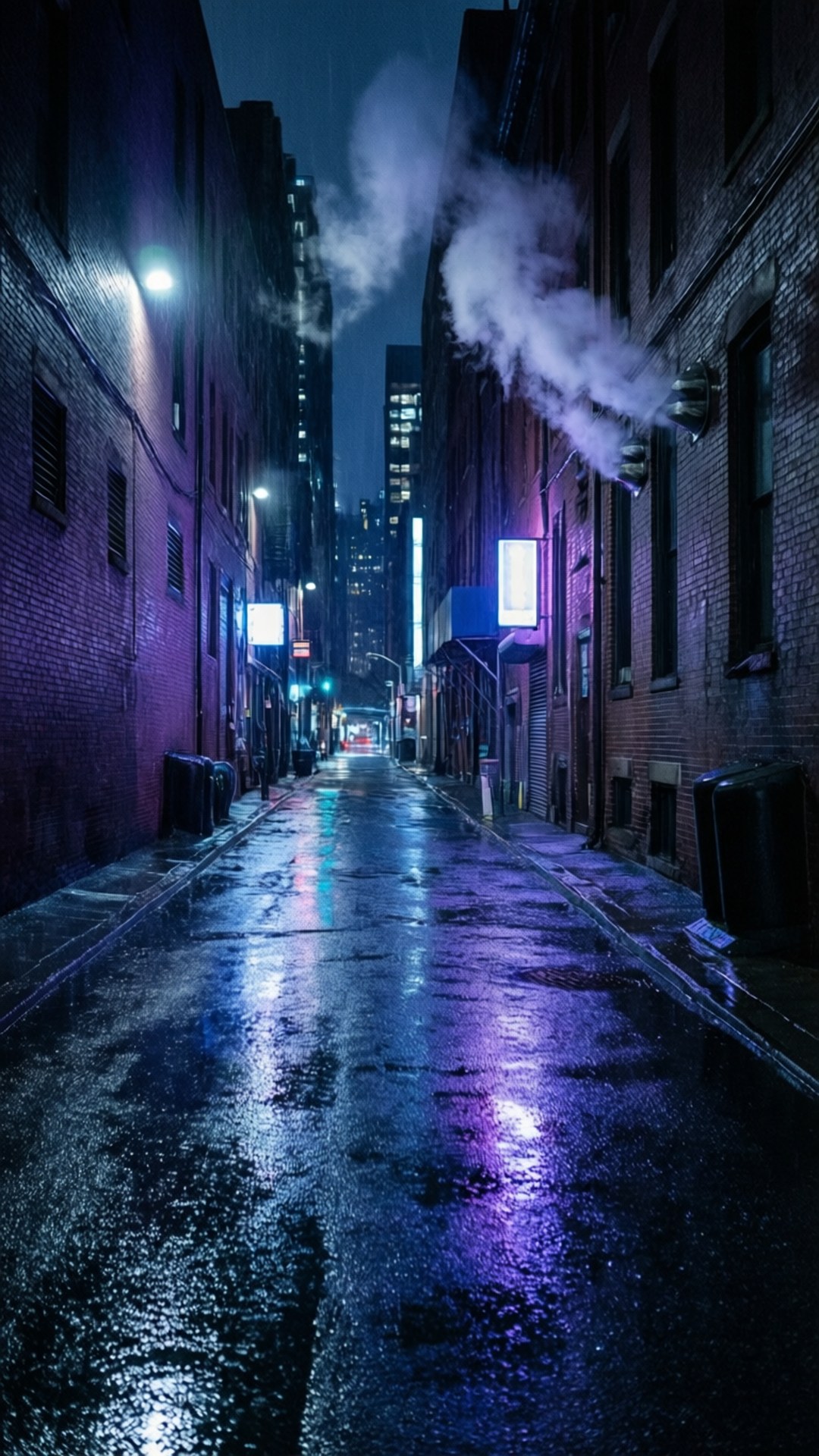 夜晚霓虹燈照亮的小巷，濕路面反射紫色和藍色燈光。