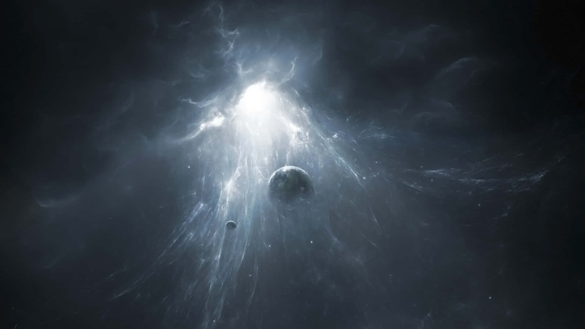  壁紙 — 宇宙星雲在黑暗行星和月球周圍散發出燦爛的白光。