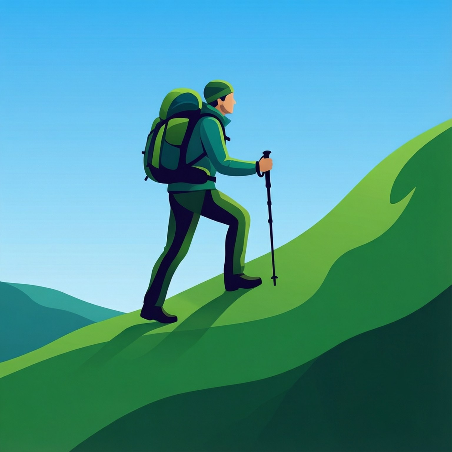 簡約山丘攀登 壁紙 — 一位揹著綠色背包、手持行山杖的遠足者，在晴朗的藍天下攀登一片翠綠的山丘。