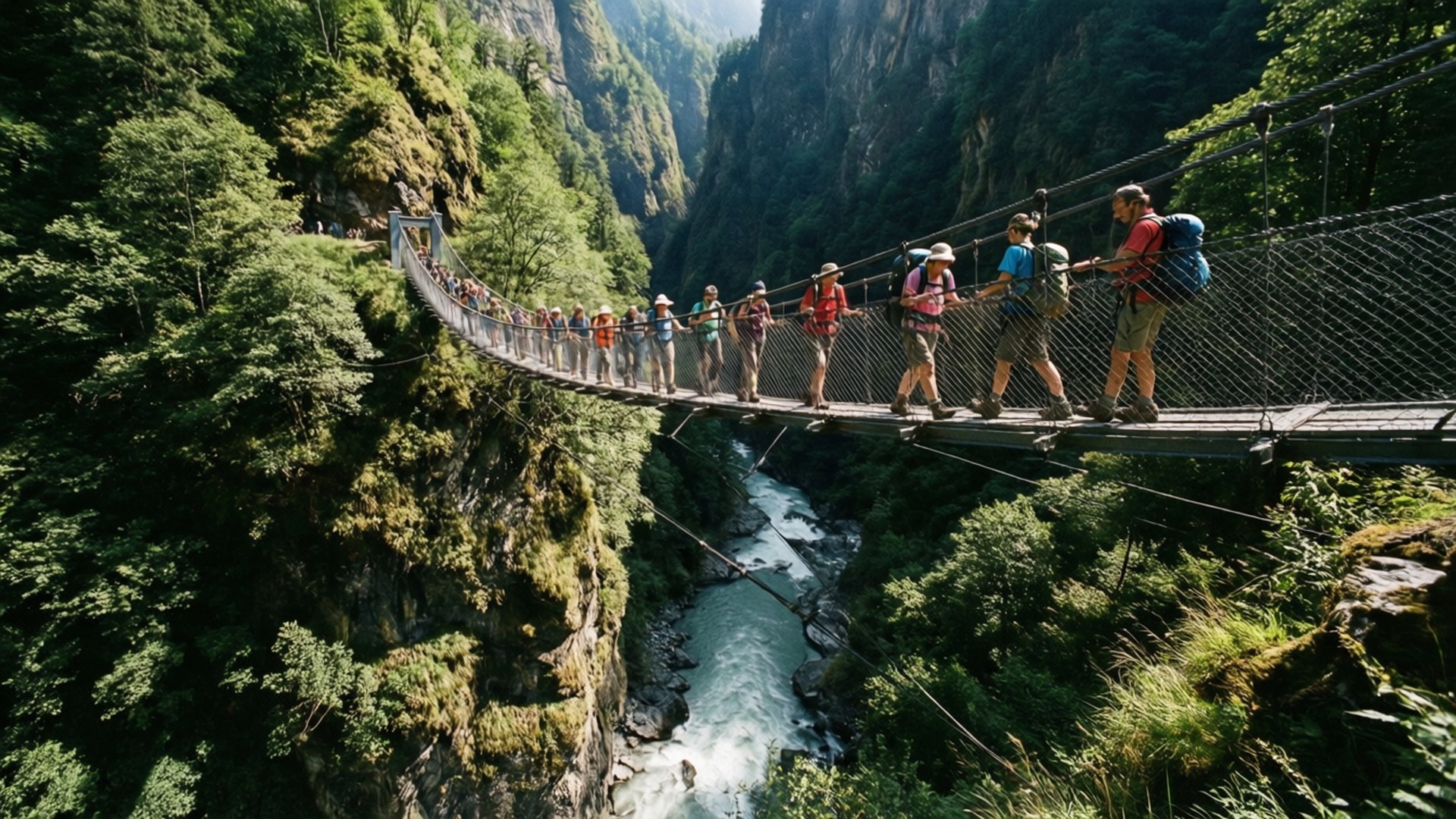 Triptank Canyon Bridge 壁紙 — 遠足者穿過一條狹窄的吊橋，跨越湍急的河流，穿越鬱鬱蔥蔥的綠色峽谷。