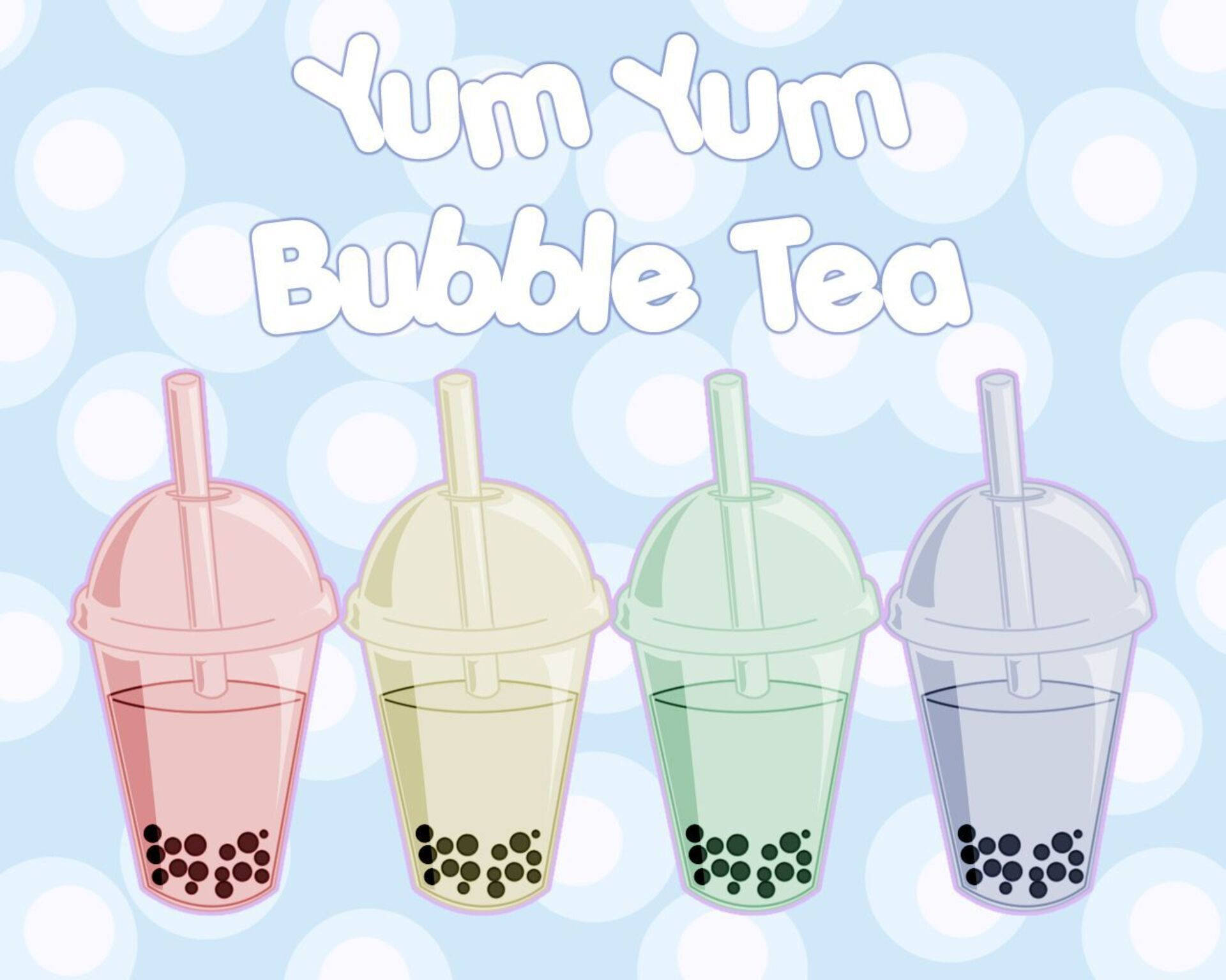 Yum Yum奶茶 壁紙 — 四個色彩繽紛的珍珠奶茶杯，附有吸管和珍珠，放在淺藍色圓點背景上，上方有「Yum Yum Bubble Tea」文字。