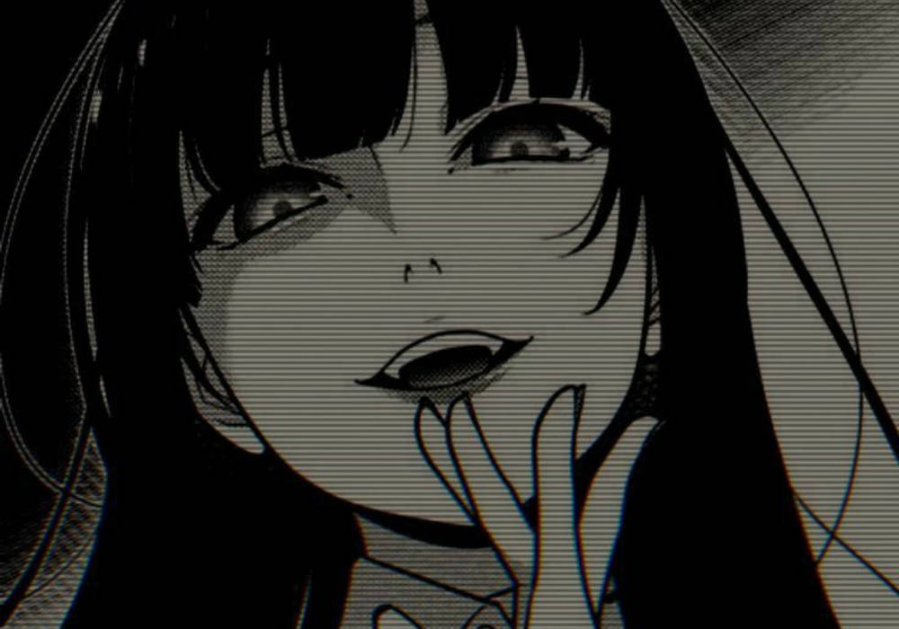 Yumeko Jabami 暗黑風動漫頭像 壁紙 — 一個黑白動畫女孩，長髮大眼，手指靠近嘴唇，向上望，背景粗糙有紋理。
