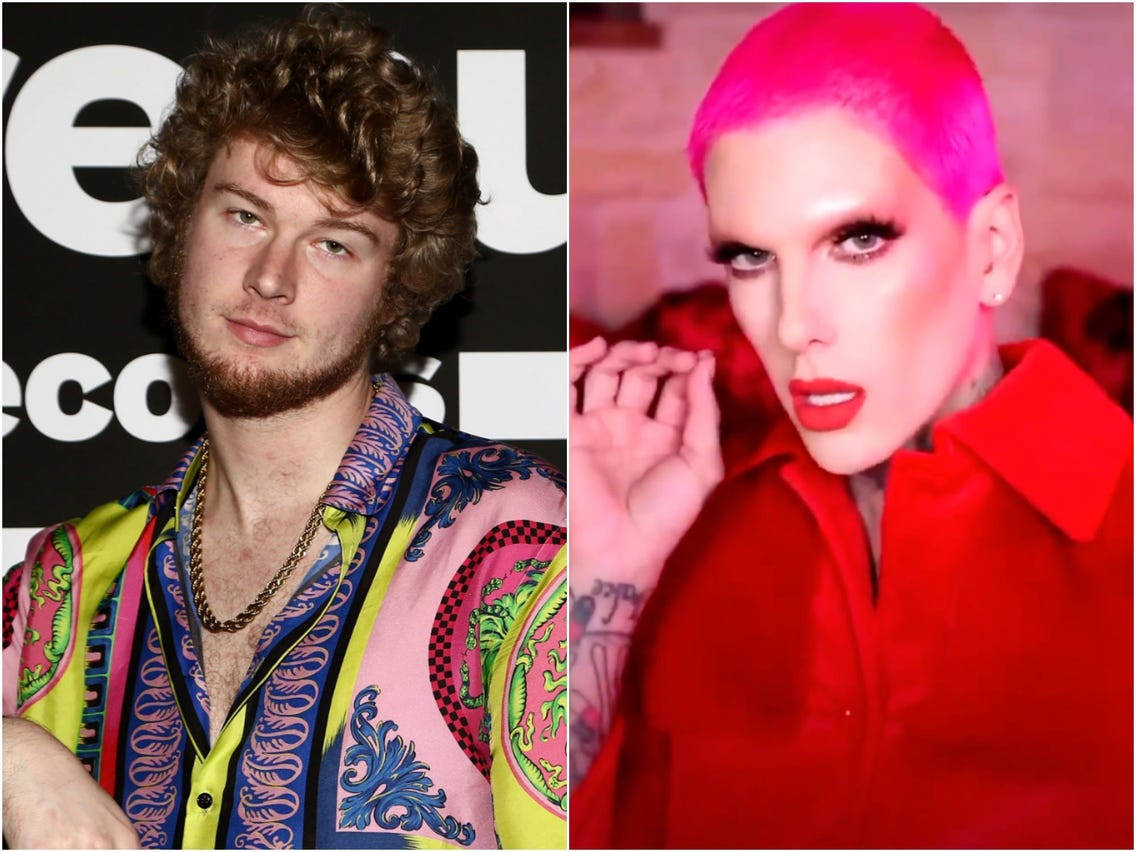 Yung Gravy 與 Jeffree Starr 壁紙 — 一個穿著彩色圖案襯衫的男人和一個粉紅色頭髮、紅色襯衫的人戲劇性地擺姿勢的分割肖像。