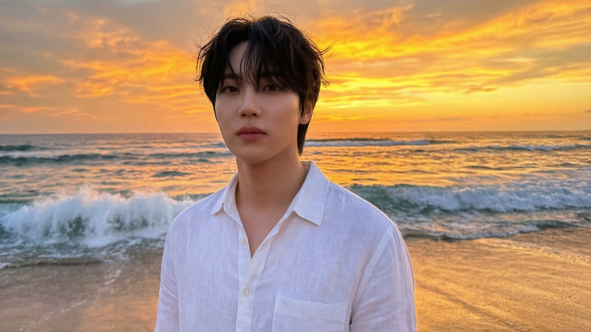年輕男子穿白襯衫站在沙灘上，金色夕陽與拍打的海浪