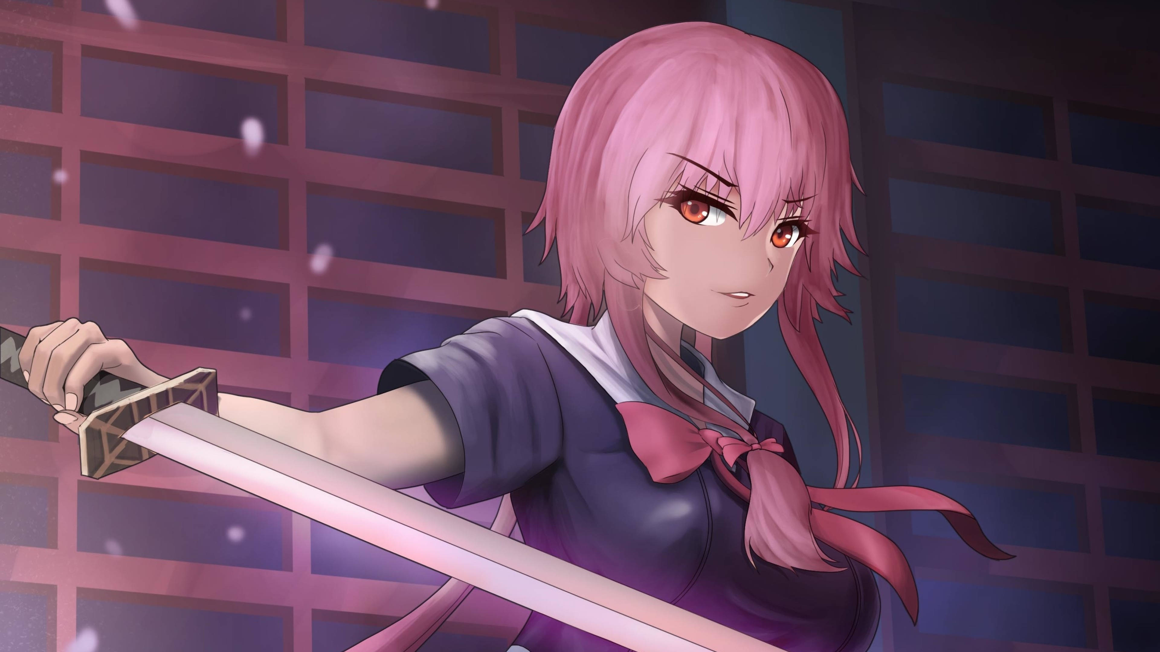 Yuno Gasai 剑 壁紙 — 一位粉紅色頭髮的動漫女孩穿著校服，在紫色格子背景上，眼神堅定地揮舞著武士刀。