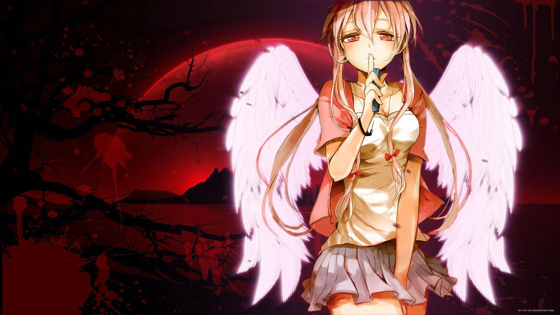 Yuno Gasai 天使之翼 壁紙 — 粉紅色頭髮的動漫女孩，白色翅膀，在血紅色的月亮和黑暗的樹木前將手指放在嘴唇上。