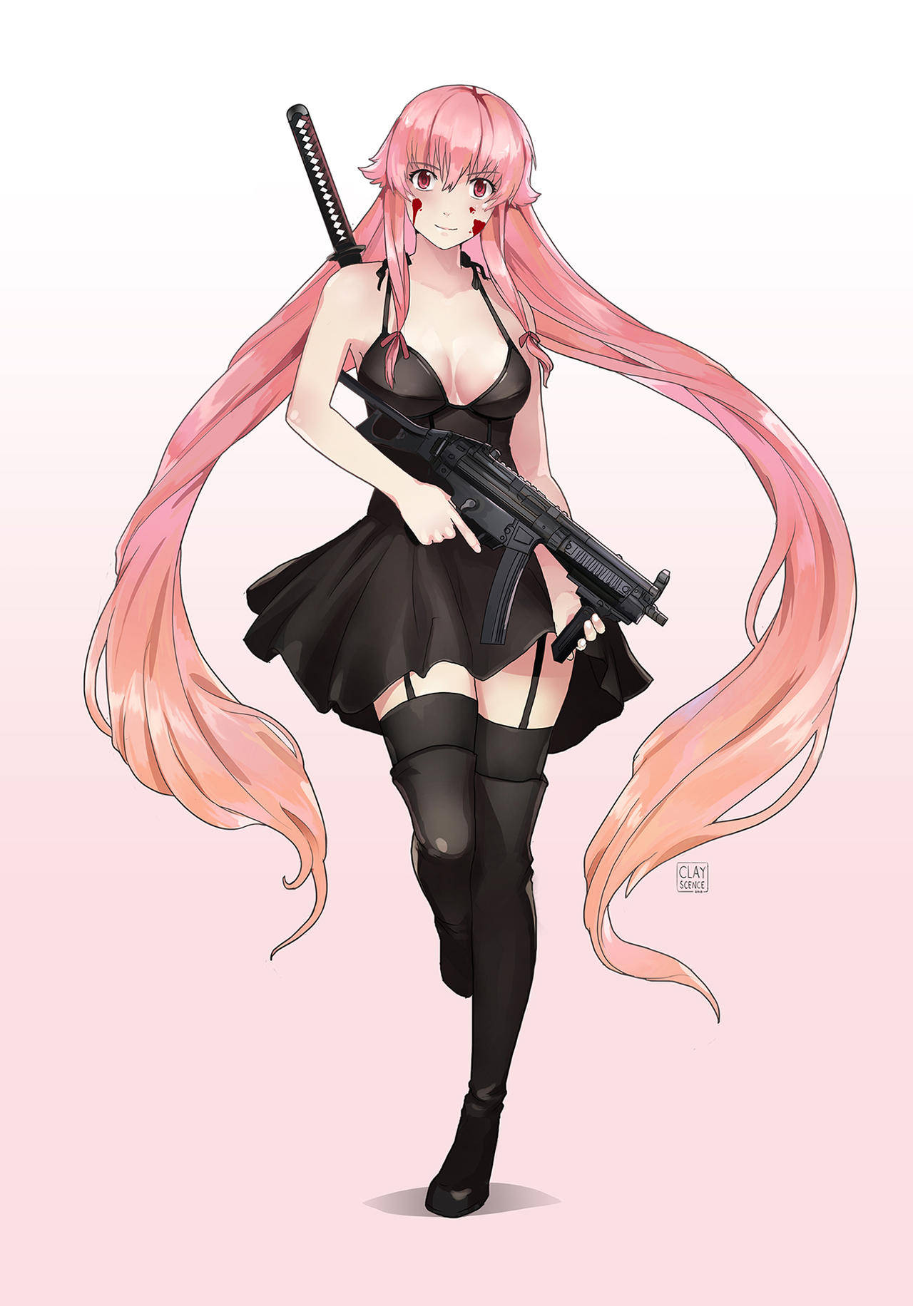 Yuno Gasai 戰鬥服裝 壁紙 — 長粉紅髮的動漫女孩在柔和粉紅背景上揮舞步槍和武士刀。