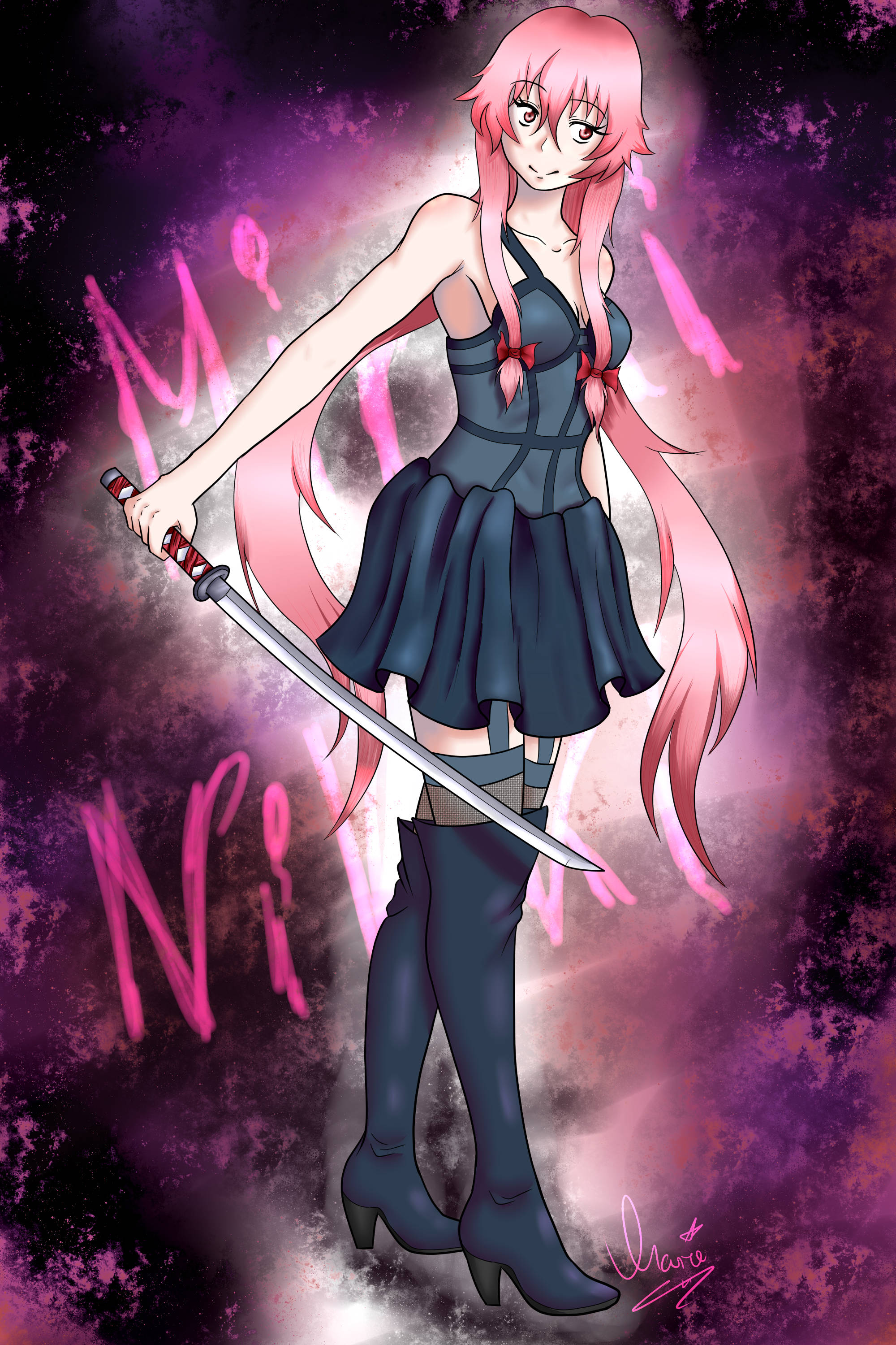 Yuno Gasai 未來日記 壁紙 — 一位粉紅色頭髮的動漫女孩穿著深色連衣裙，在充滿活力的紫色和粉紅色宇宙背景下揮舞著武士刀。