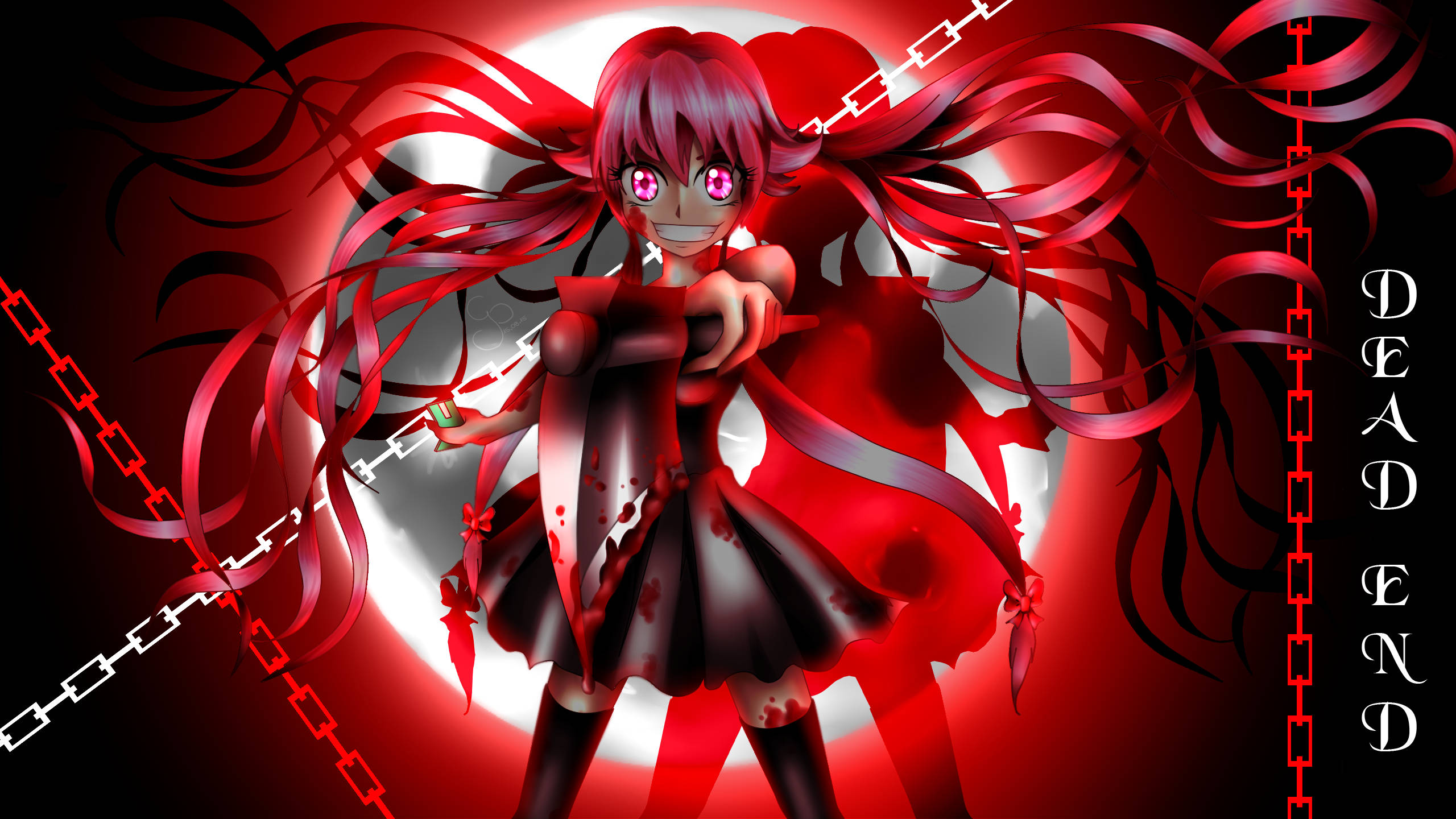 Yuno Gasai 激烈時刻 壁紙 — 一個紅髮動漫女孩，眼睛發光，揮舞著一把沾滿血的刀，背景是深紅色和黑色，有鎖鏈和「DEAD END」文字。