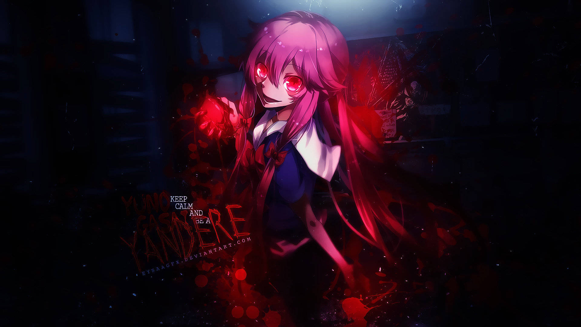 Yuno Gasai 狂愛者 壁紙 — 一個發光的動漫女孩，粉紅色頭髮和紅色眼睛，在一個黑暗、血跡斑斑的房間裡拿著一個紅色球體。
