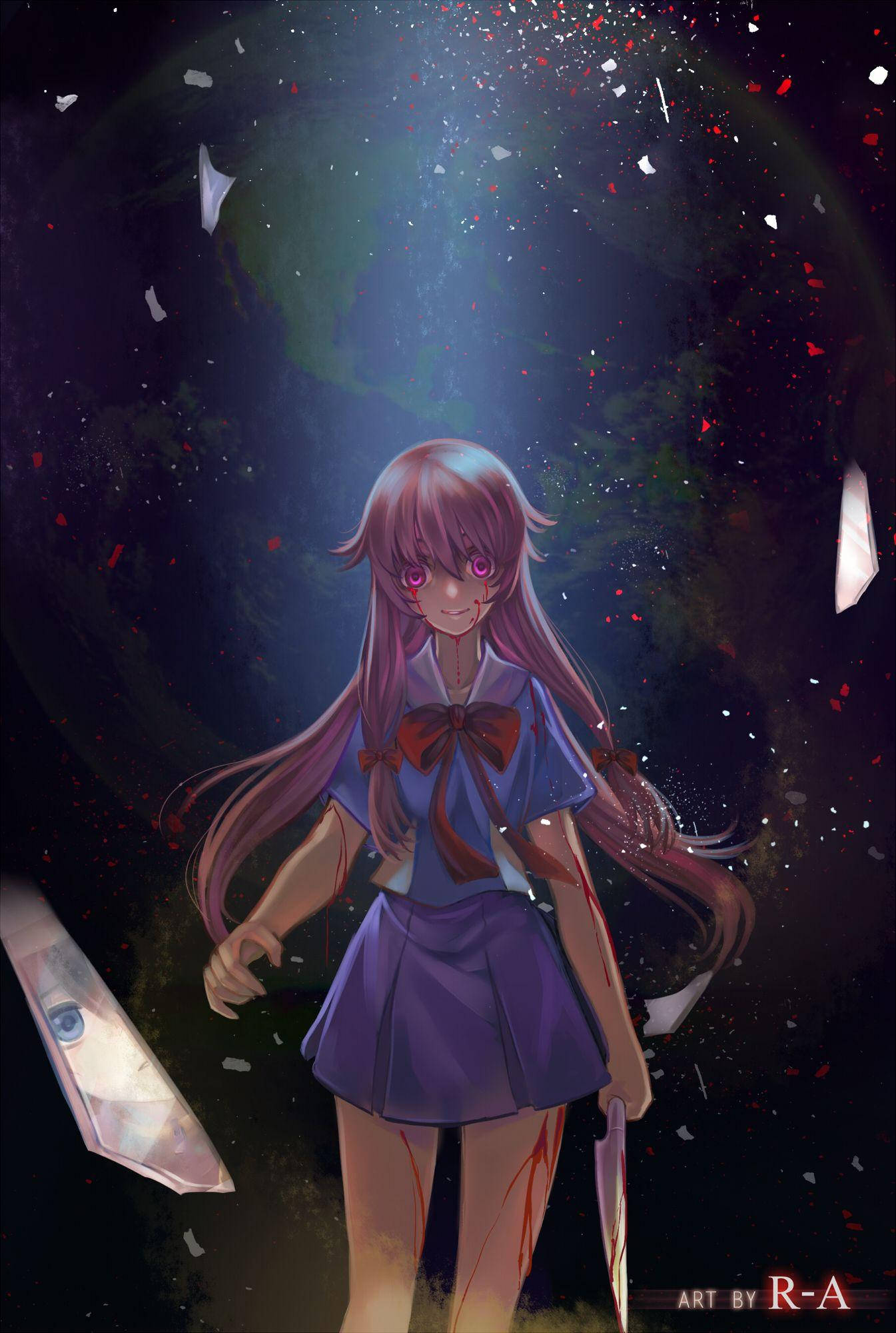 Yuno Gasai 碎玻璃星球 壁紙 — 一個穿著校服的動漫女孩站在發光綠色球體下，周圍漂浮著破碎的玻璃和紅色碎片。