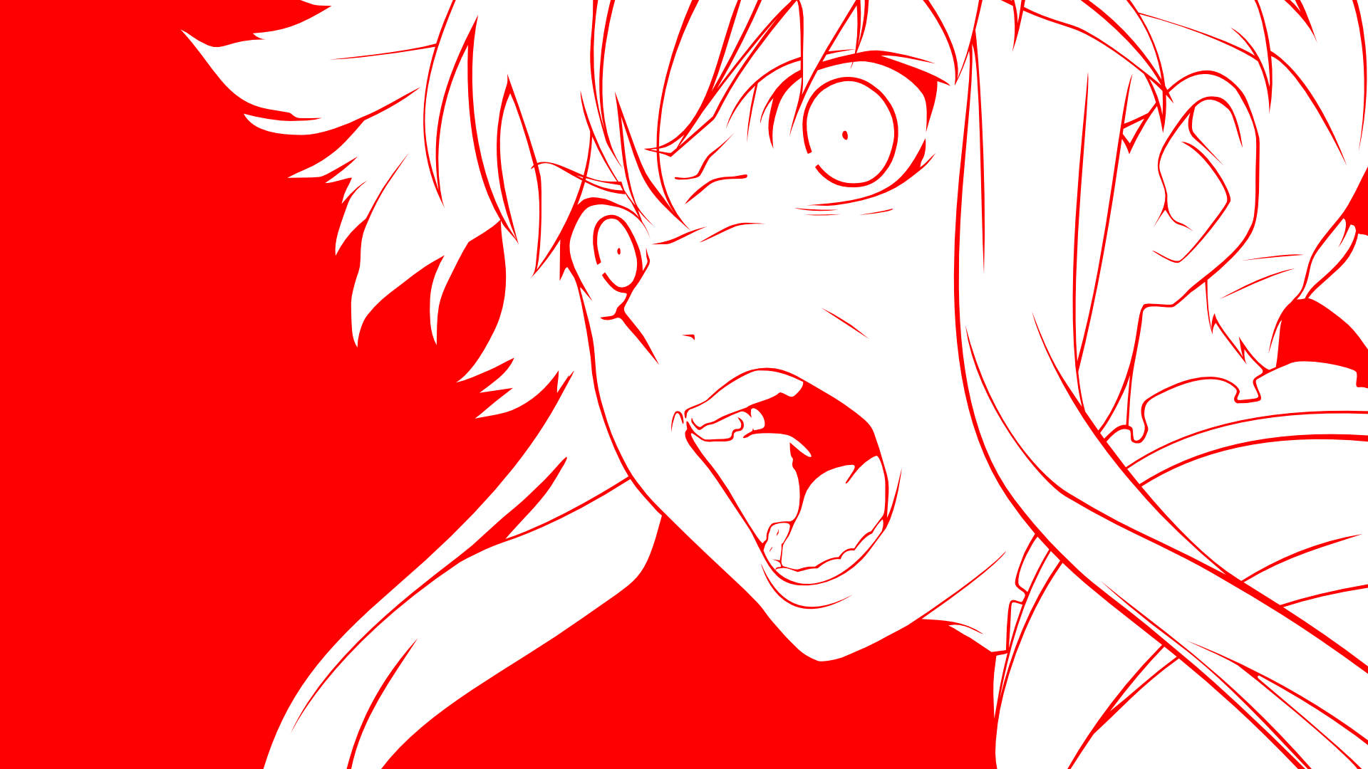 Yuno Gasai 紅白線條藝術 壁紙 — 一個白色線條動漫角色在純紅色背景上尖叫，表情誇張。