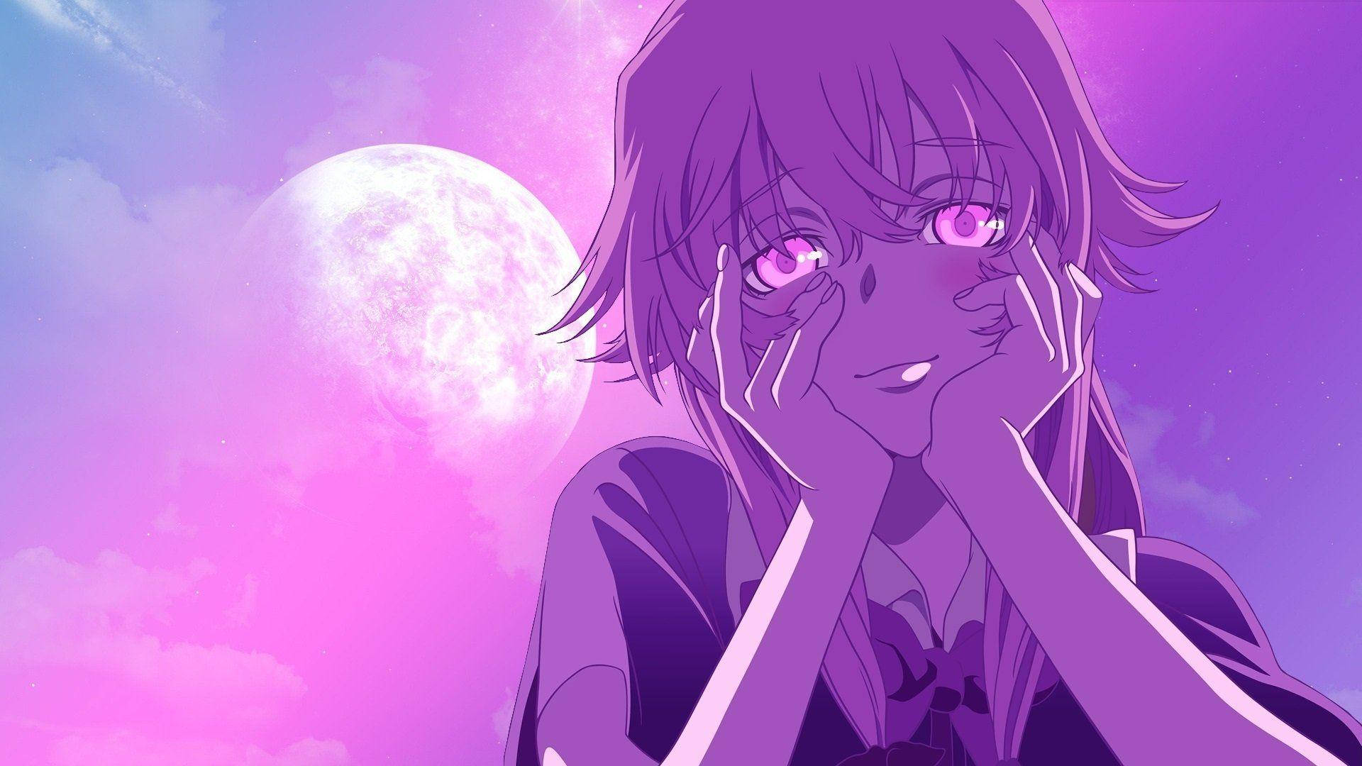 Yuno Gasai 紫色月夜 壁紙 — 一個紫髮、眼睛發光的動漫女孩，在夢幻的粉紅和紫色月光照耀的天空下，將下巴擱在手上。