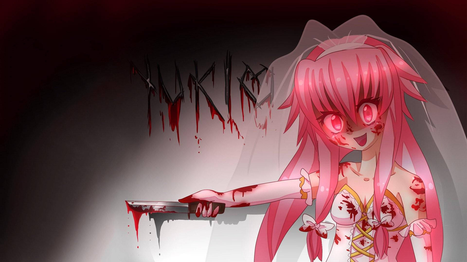 Yuno Gasai 血染 Yuki 壁紙 — 粉紅色頭髮的動漫新娘，紅色眼睛，手持血淋淋的刀，背景黑暗，有滴血文字。