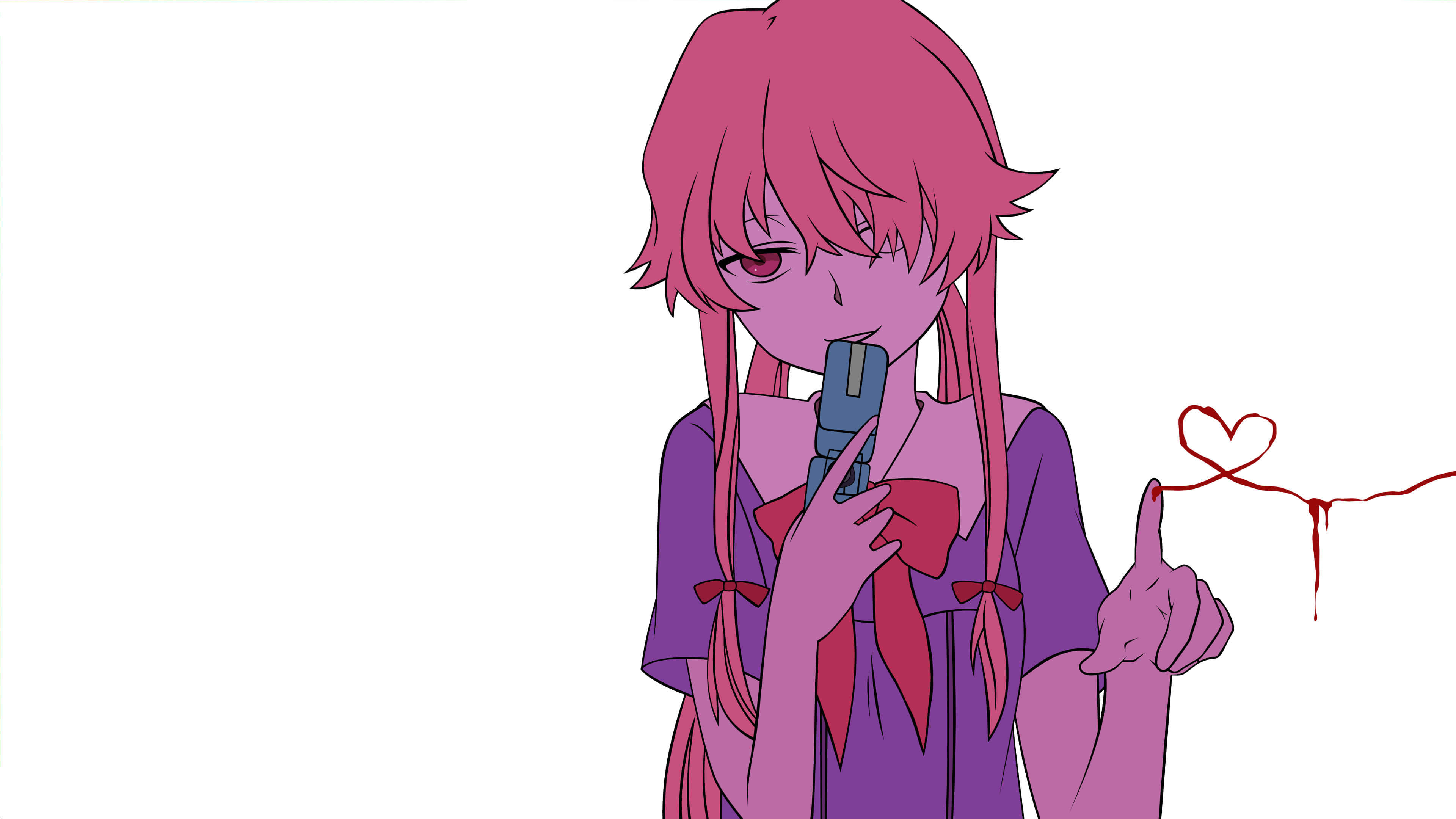 Yuno Gasai 血繪心形 壁紙 — 一位粉紅色頭髮的動漫女孩穿著紫色衣服，將手機貼在嘴唇上，同時用手指畫出一個滴落的心形。