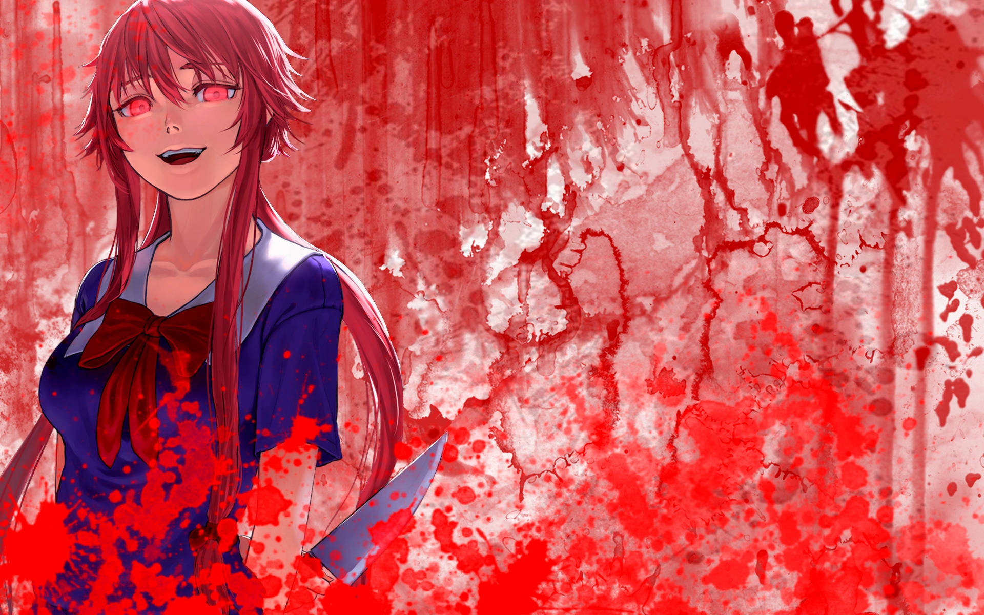 Yuno Gasai 血雨 壁紙 — 一個紅髮動漫女孩穿著藍色校服，微笑著將刀抵在濺滿血的牆上。