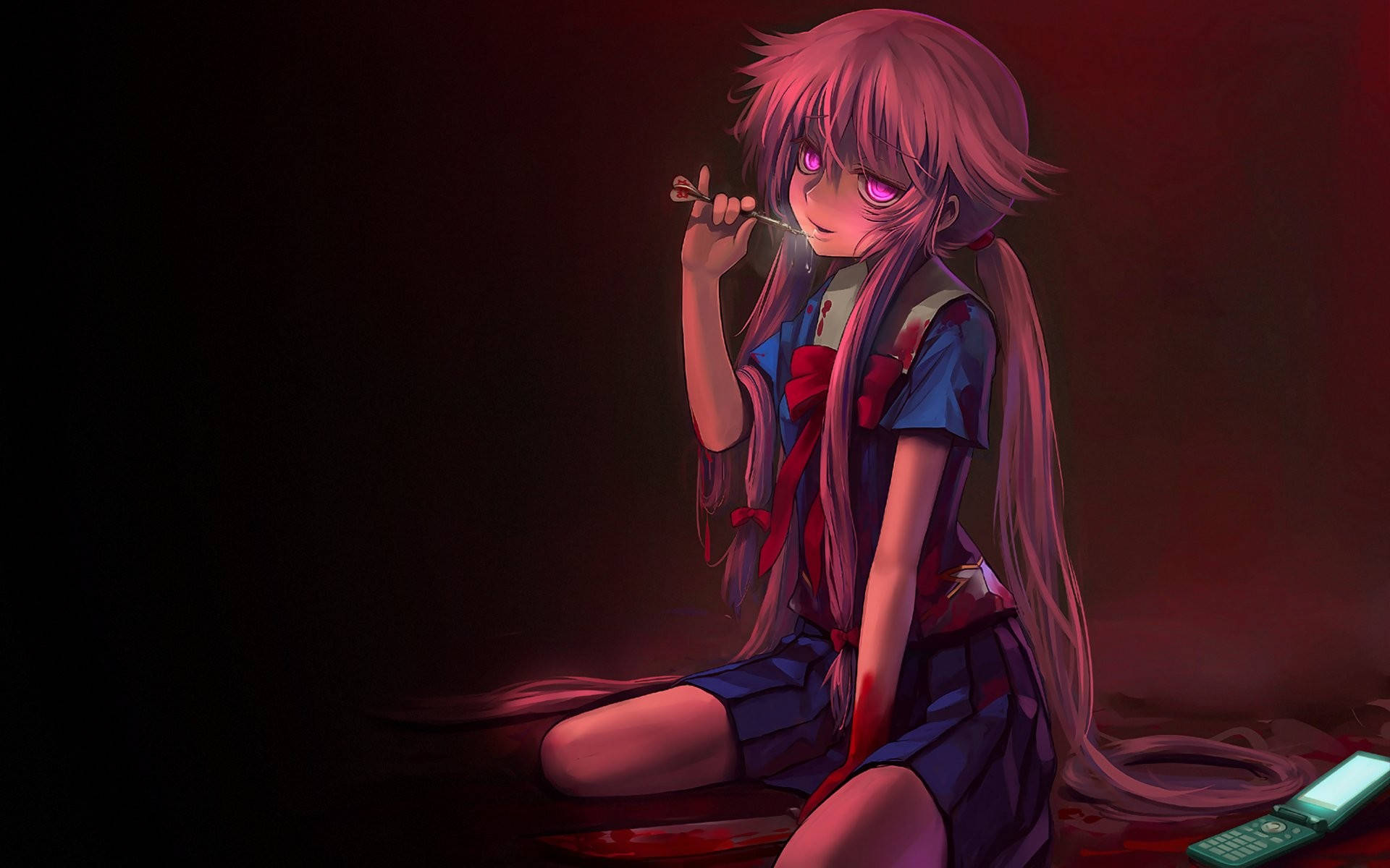 Yuno Gasai 黑暗 壁紙 — 一個粉紅色頭髮的動漫女孩，眼睛發光，坐在暗紅色的房間裡，拿著一支飛鏢，衣服上有血。